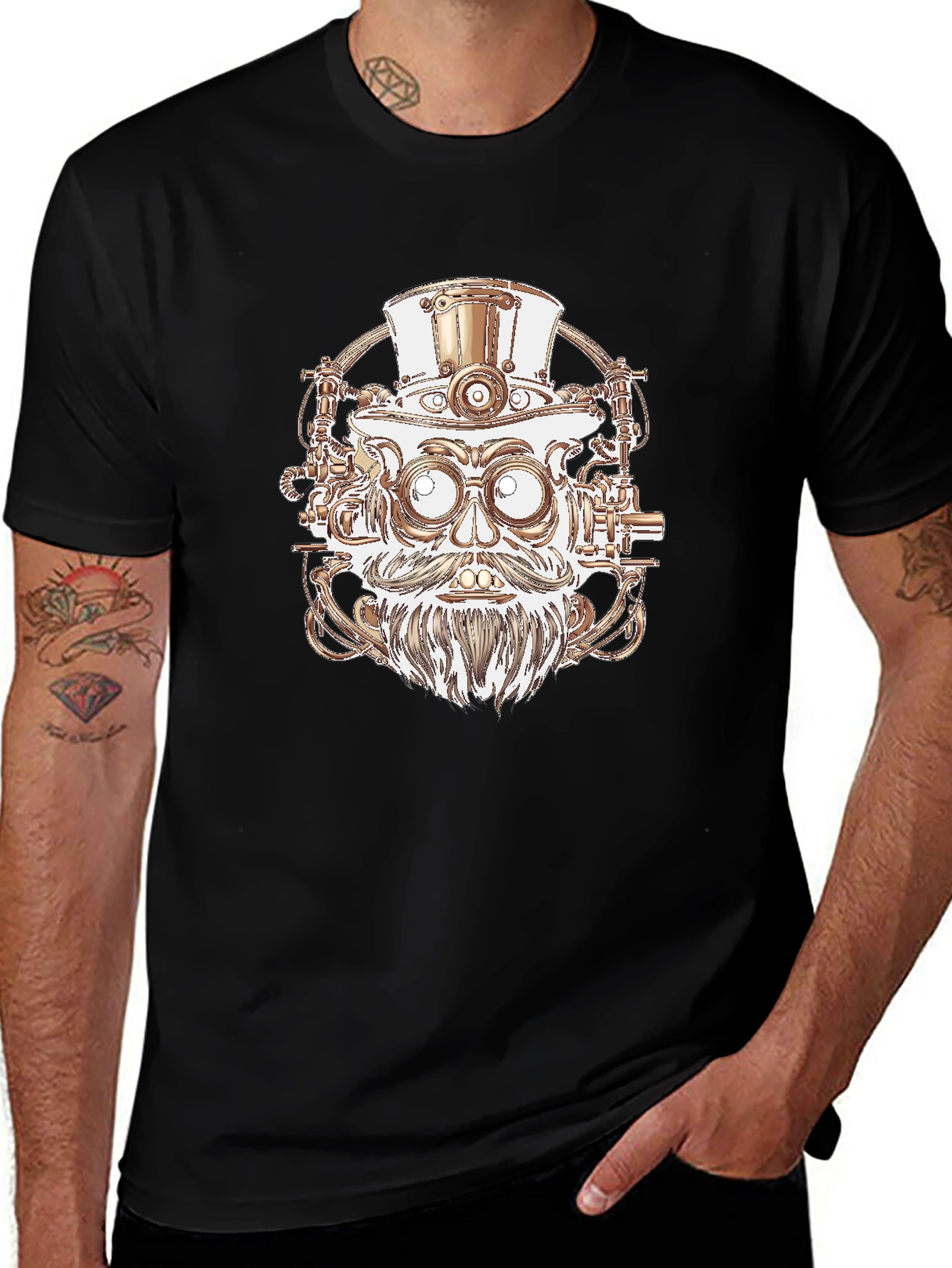 Variant 23 of Steampunk Robot Head Graphic Tee - Black Cotton Shirt