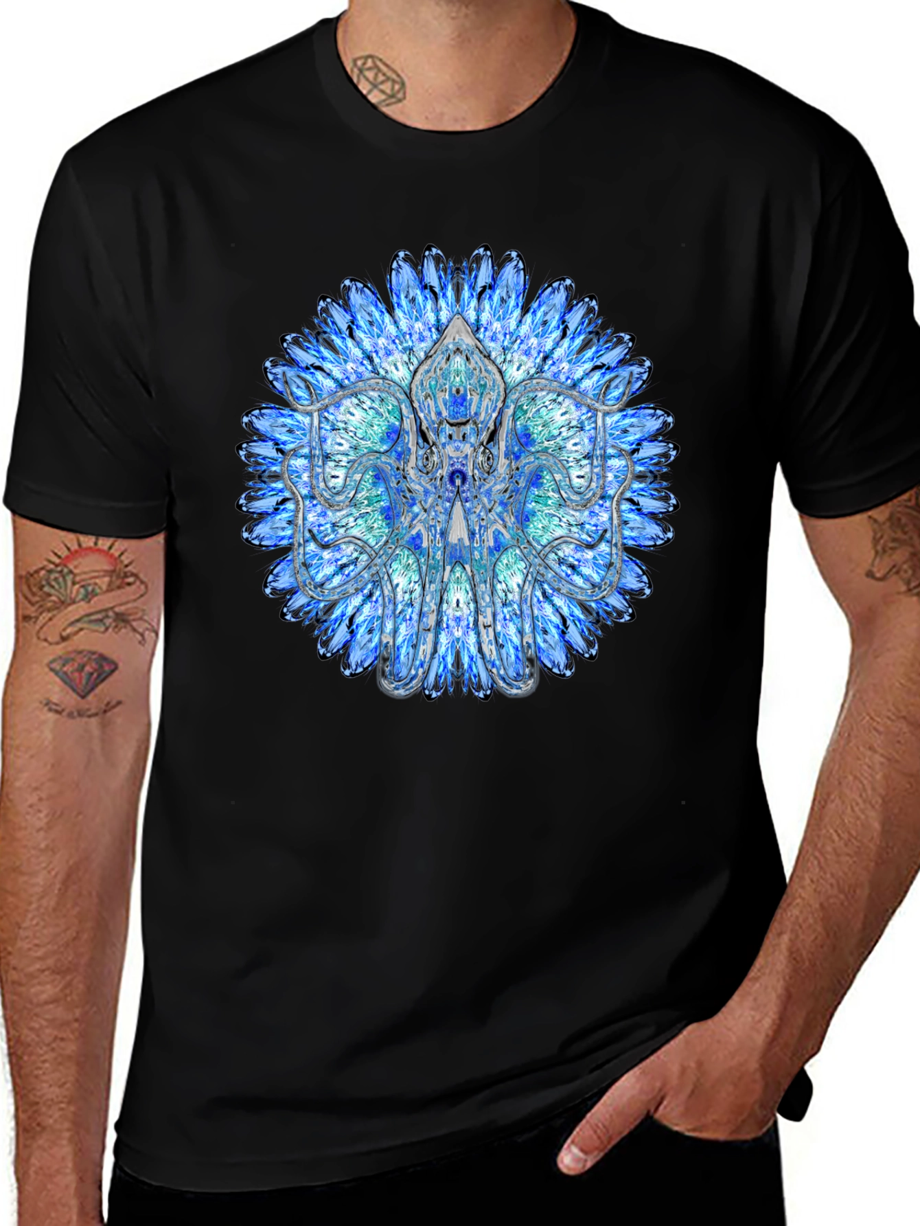 Variant 16 of Blue Mandala Octopus Graphic Tee - Stylish Black T-Shirt