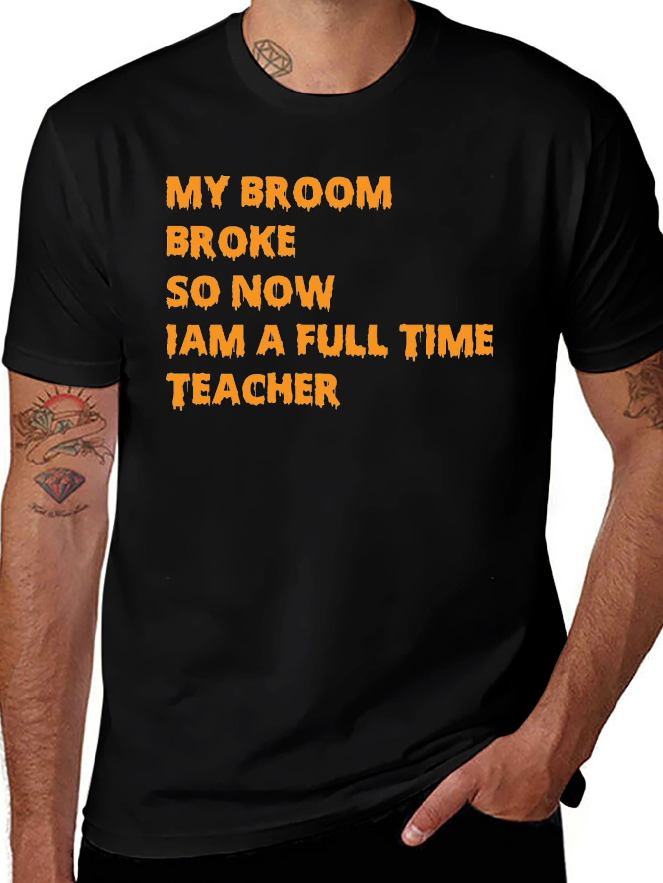 Black My Broom Broke Teacher T-Shirt main image