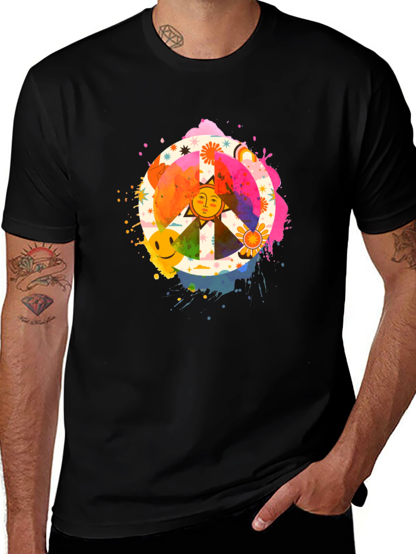 Variant 28 of Groovy Peace Sign Graphic Tee - Black Cotton T-Shirt
