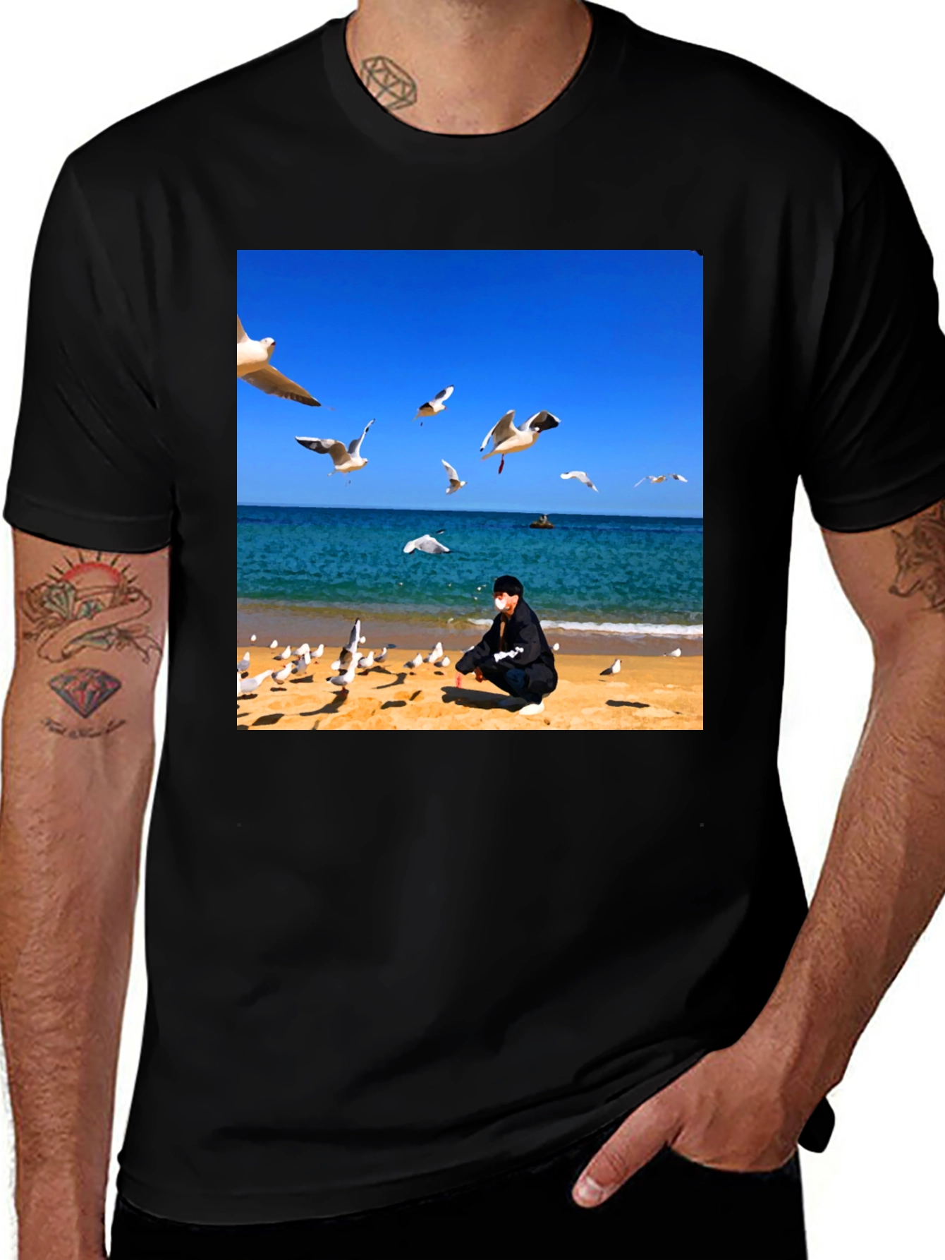 Variant 23 of Seagull Beach Graphic Tee - Black Cotton T-Shirt