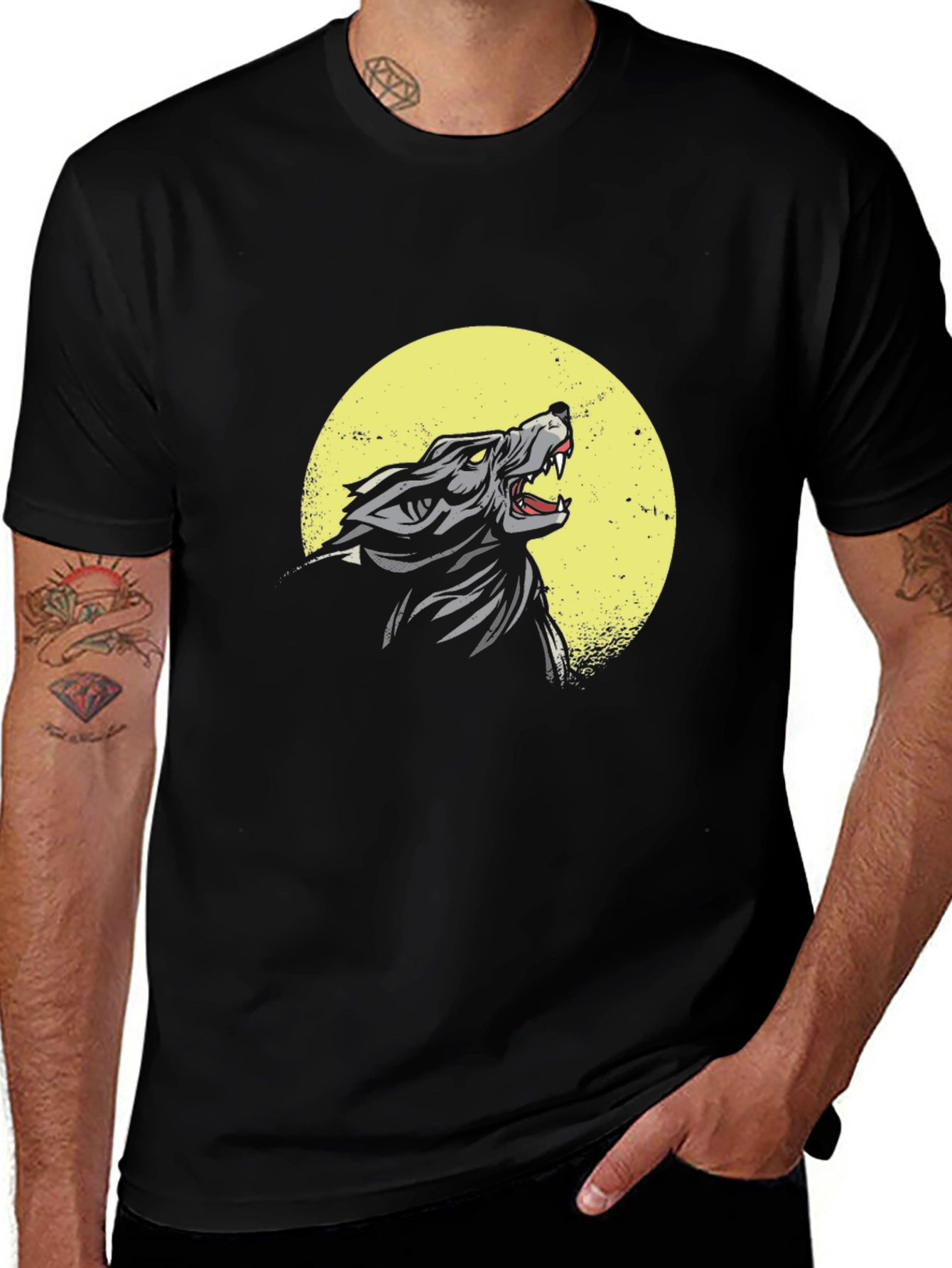 Variant 26 of Wolf Howling at Moon Graphic Black T-Shirt