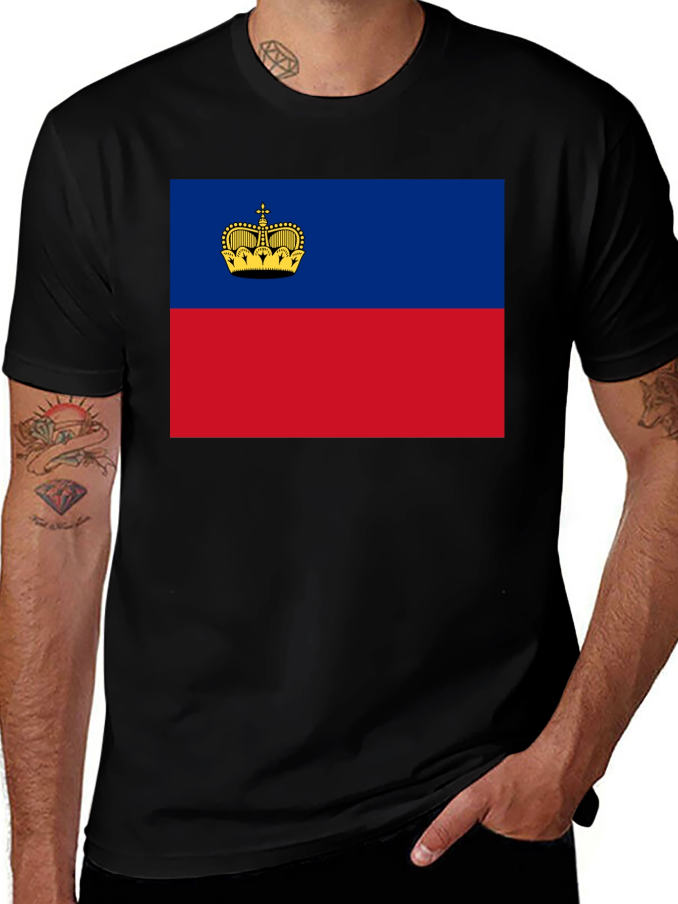 Variant 26 of Liechtenstein Flag T-Shirt - Black Cotton Tee