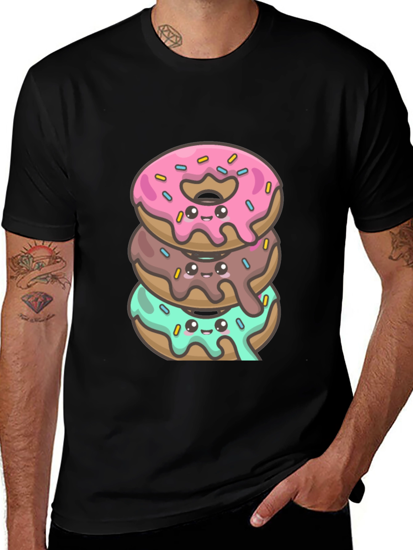 Variant 15 of Cute Donut Stack Graphic Tee - Black Cotton T-Shirt
