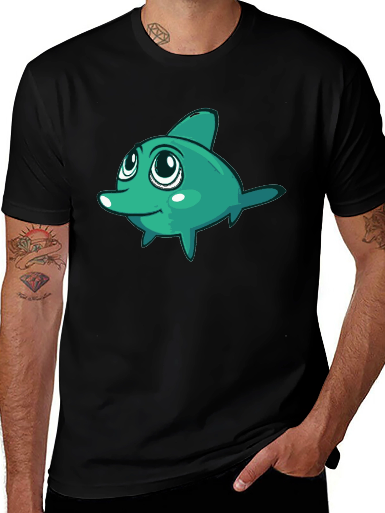 Variant 8 of Cute Cartoon Fish Graphic Black T-Shirt