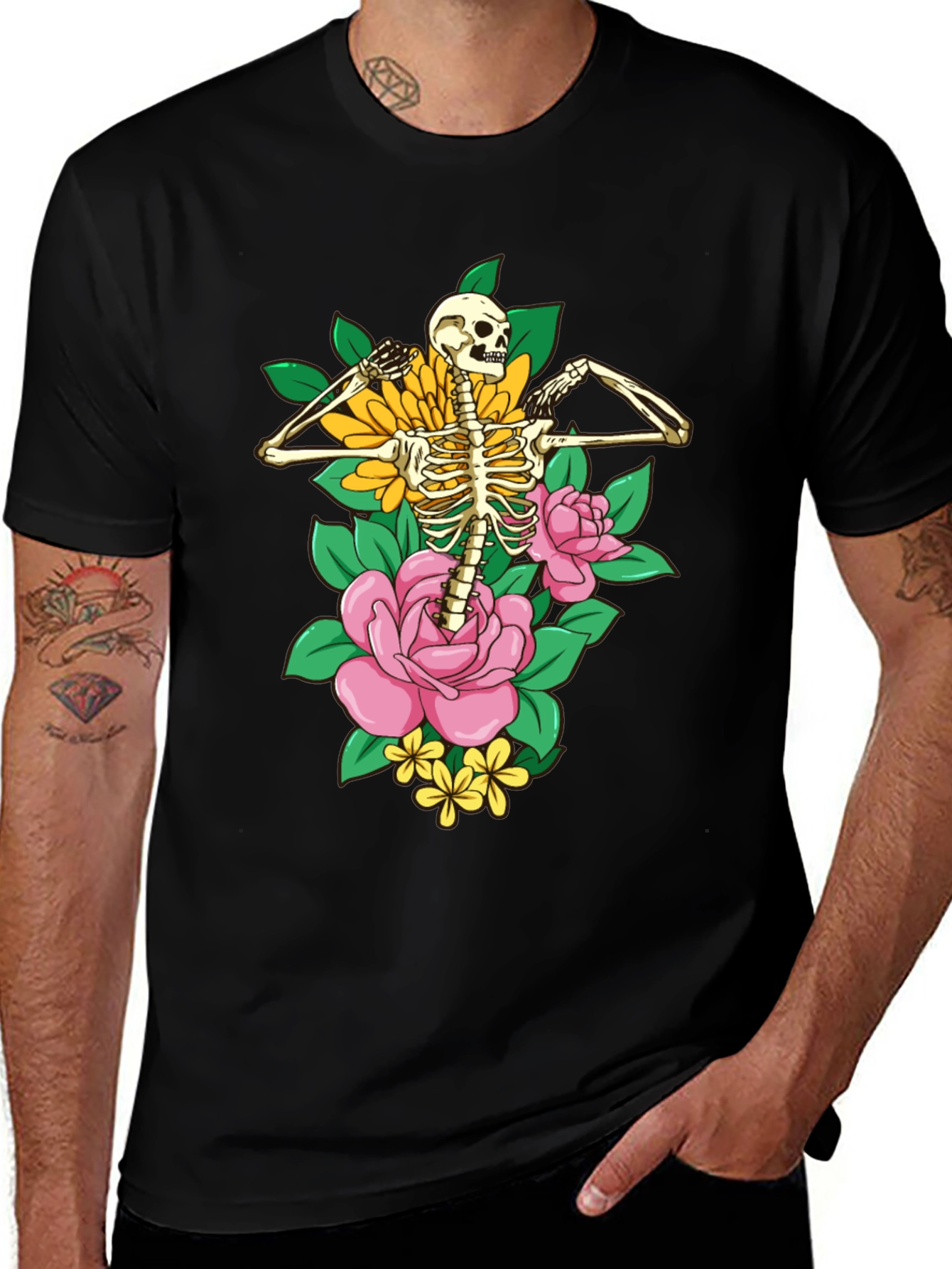 Variant 16 of Floral Skeleton Graphic T-Shirt - Black