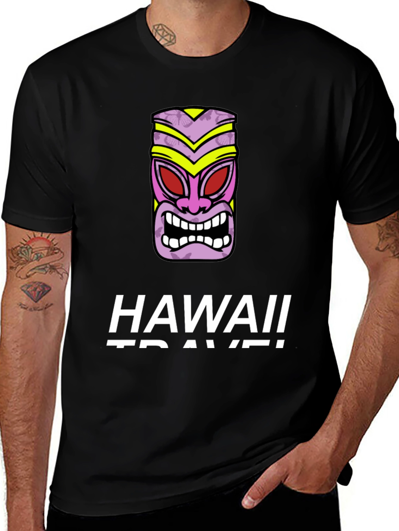 Variant 21 of Hawaii Travel Black T-Shirt with Tiki Mask Graphic