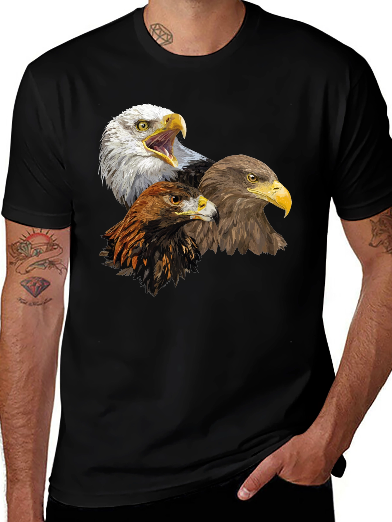 Variant 23 of Eagle Trio Graphic Tee - Black Cotton Shirt