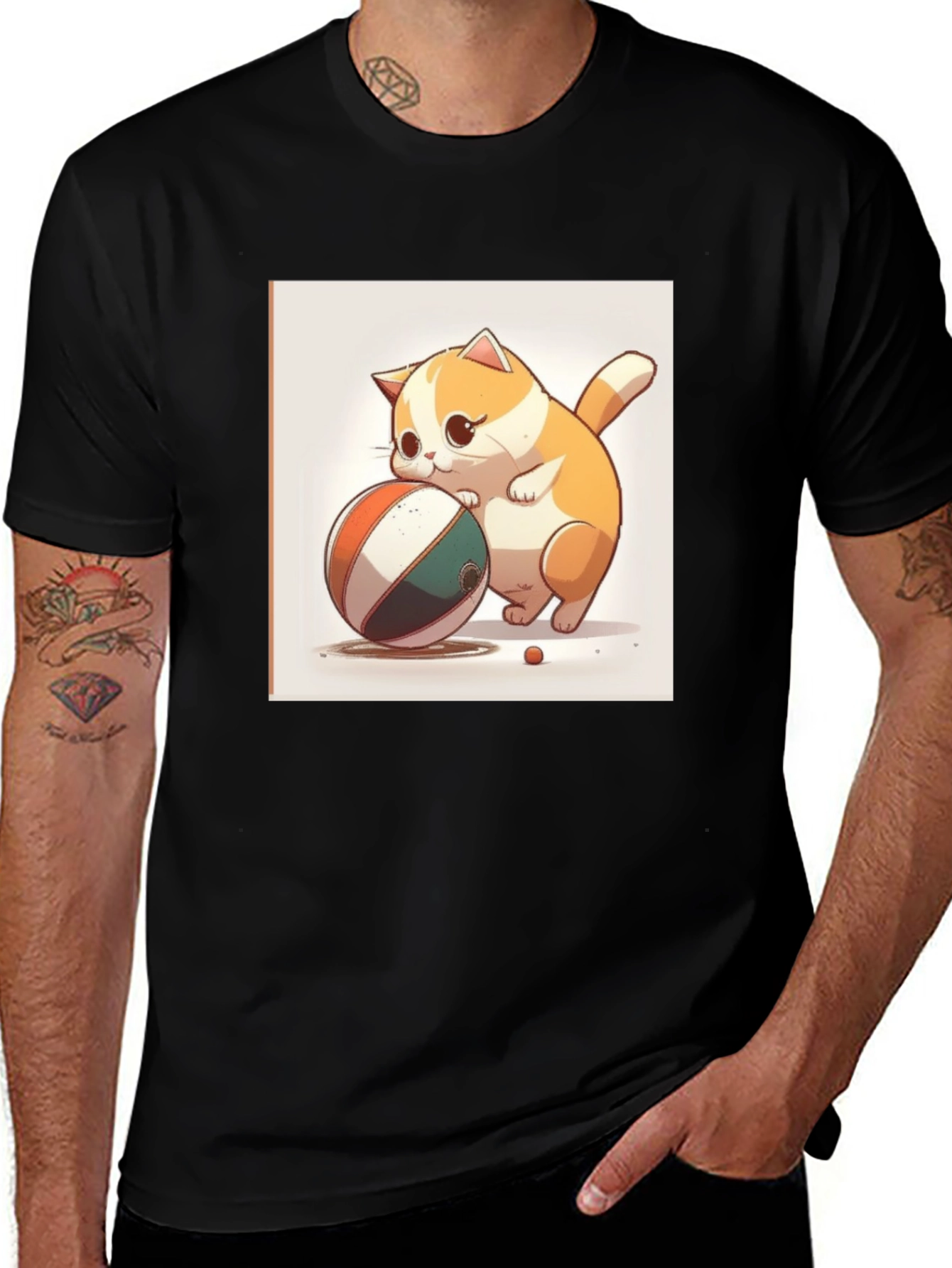 Variant 29 of Cute Cartoon Cat with Ball Black T-Shirt