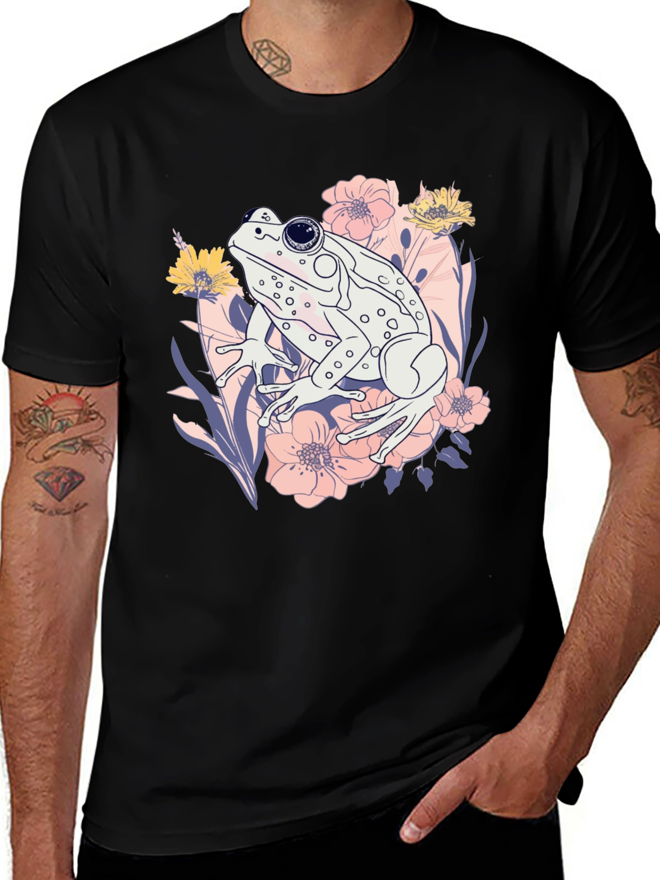 Variant 19 of Floral Frog Graphic Tee - Cool Black T-Shirt