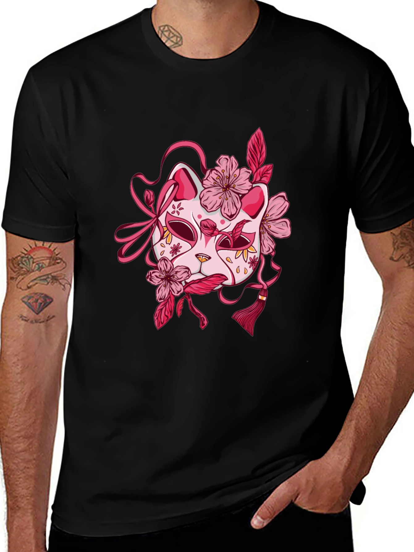 Variant 12 of Floral Kitsune Mask Graphic Tee - Black