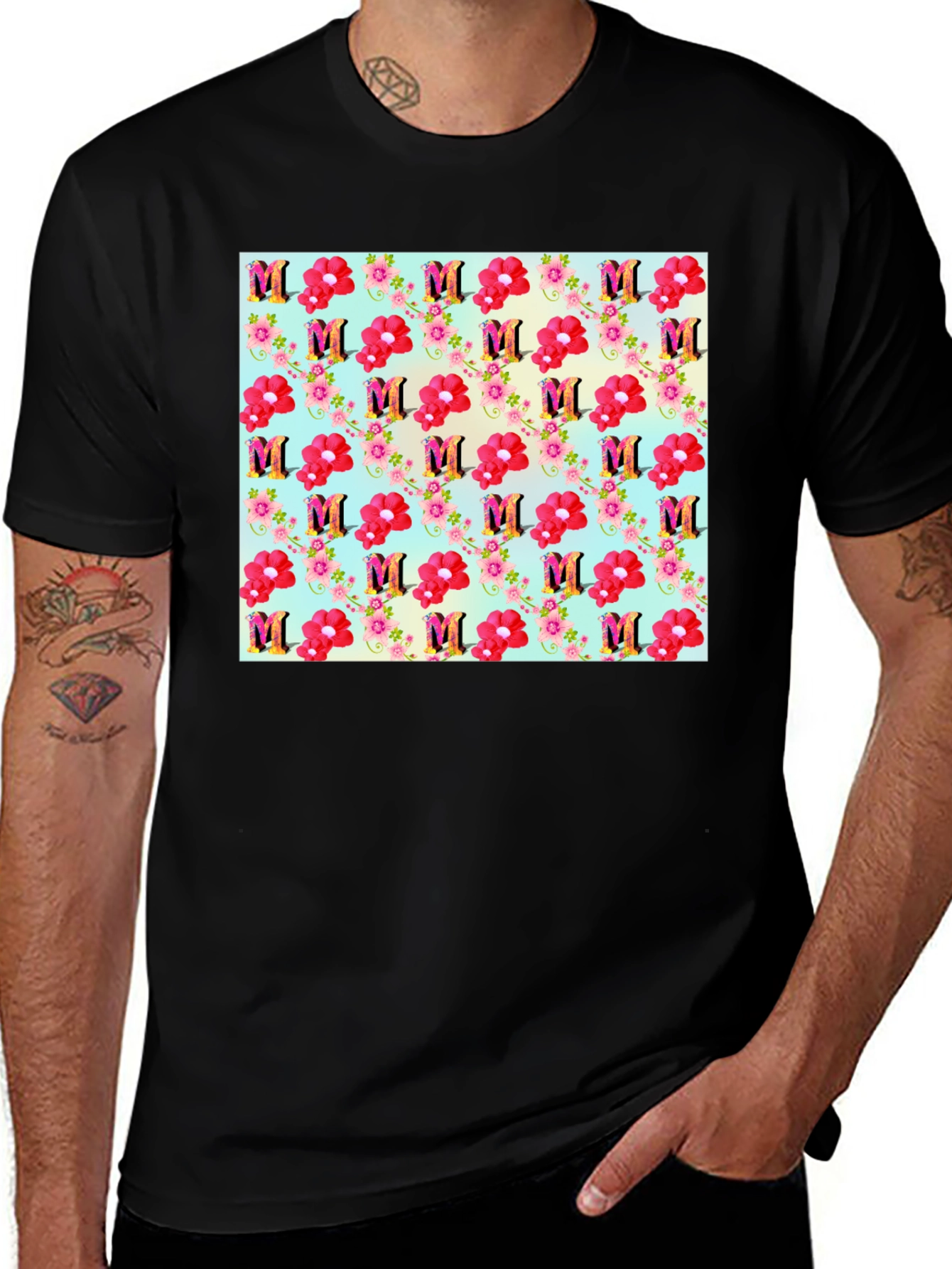 Floral M Patterned Black T-Shirt