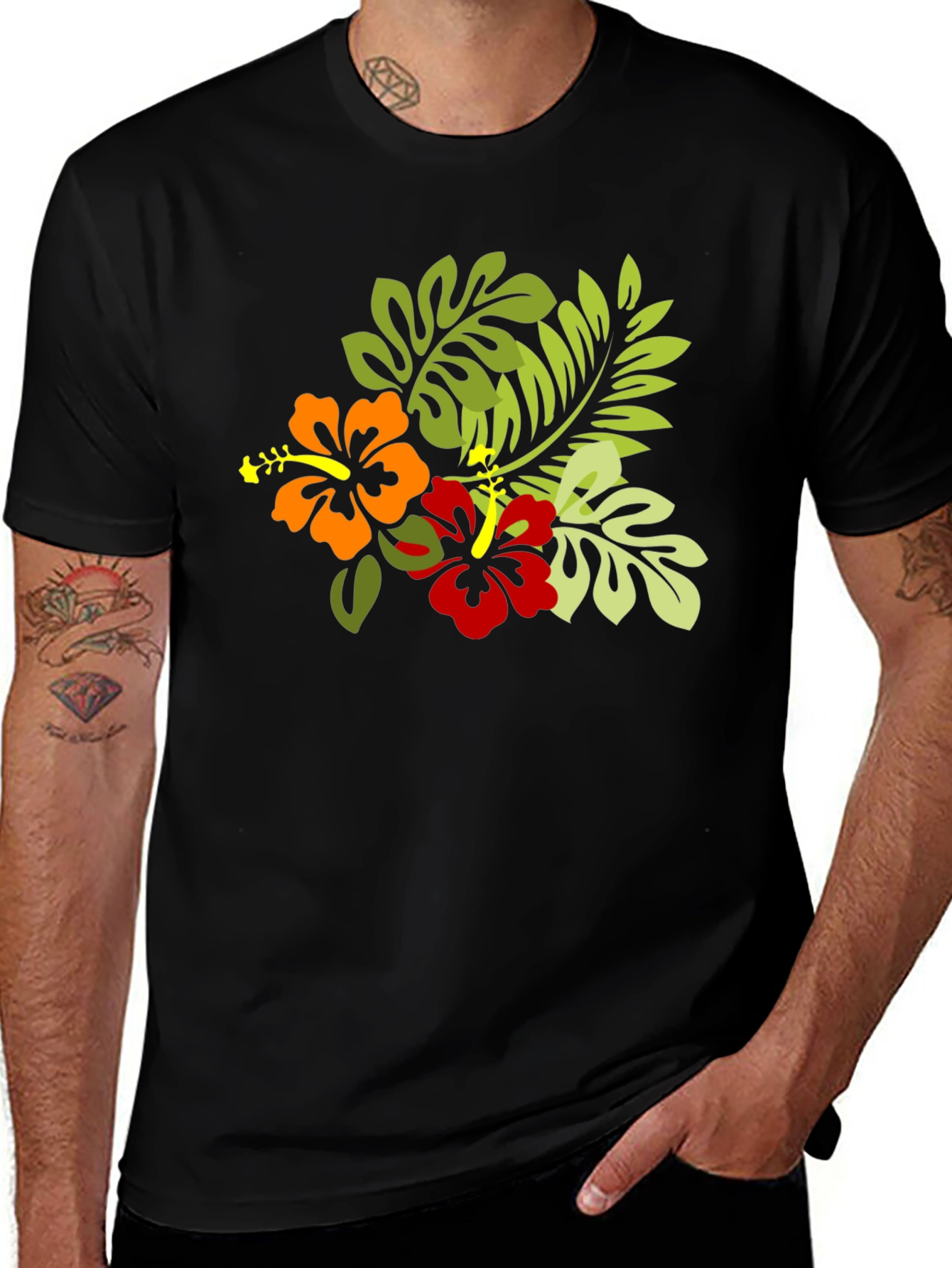 Variant 15 of Tropical Floral Print Black T-Shirt
