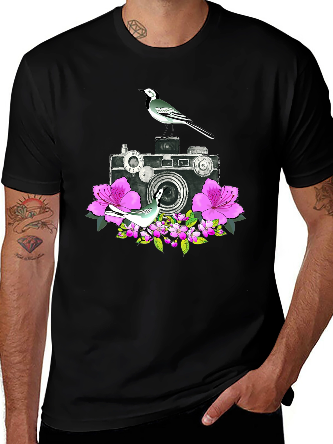 Vintage Camera & Bird T-Shirt - Floral Design