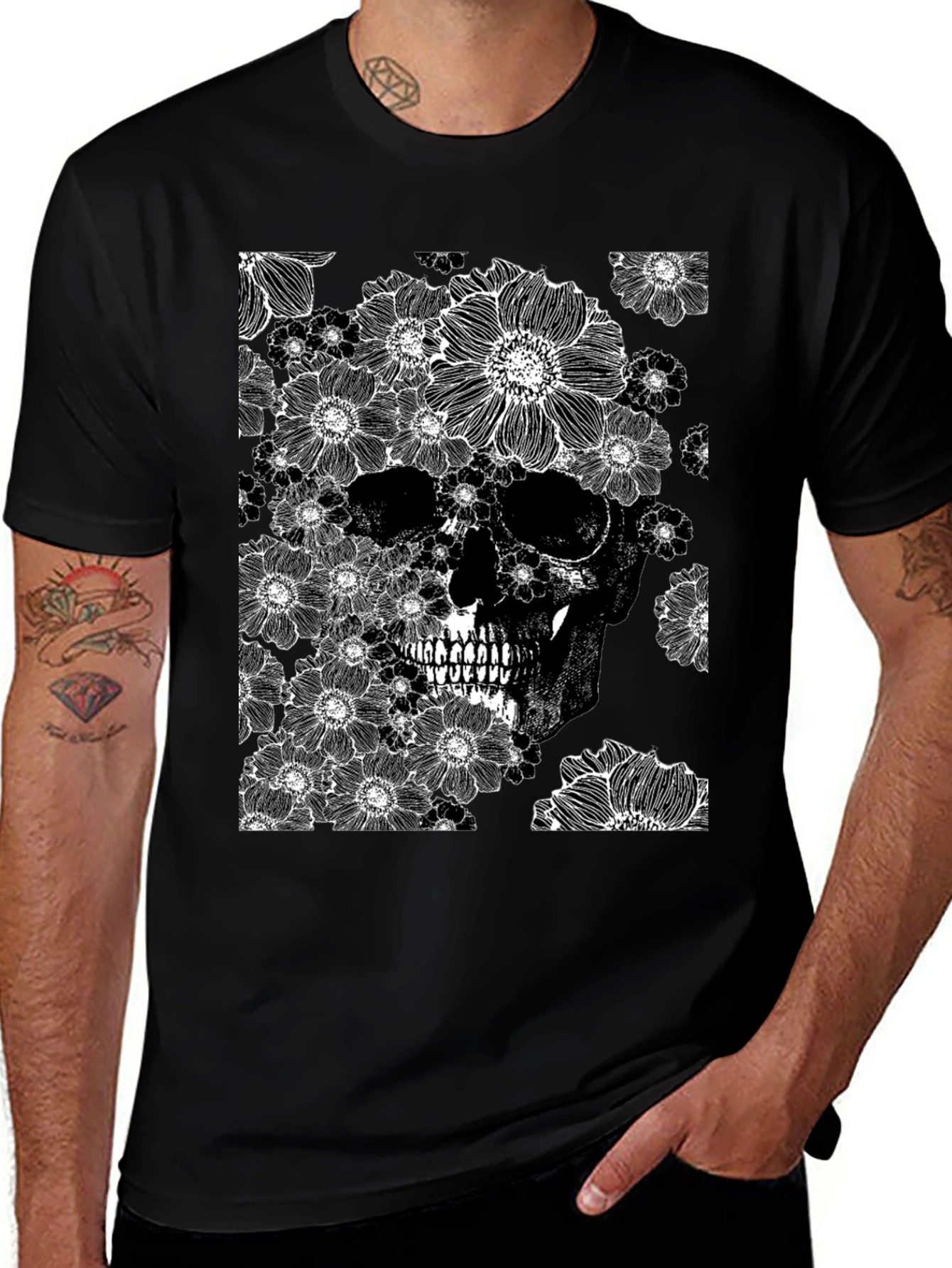 Variant 15 of Floral Skull Graphic Tee - Black
