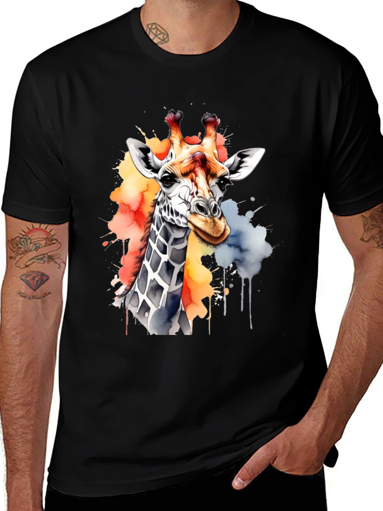 Variant 29 of Giraffe Watercolor Graphic Tee - Black Cotton