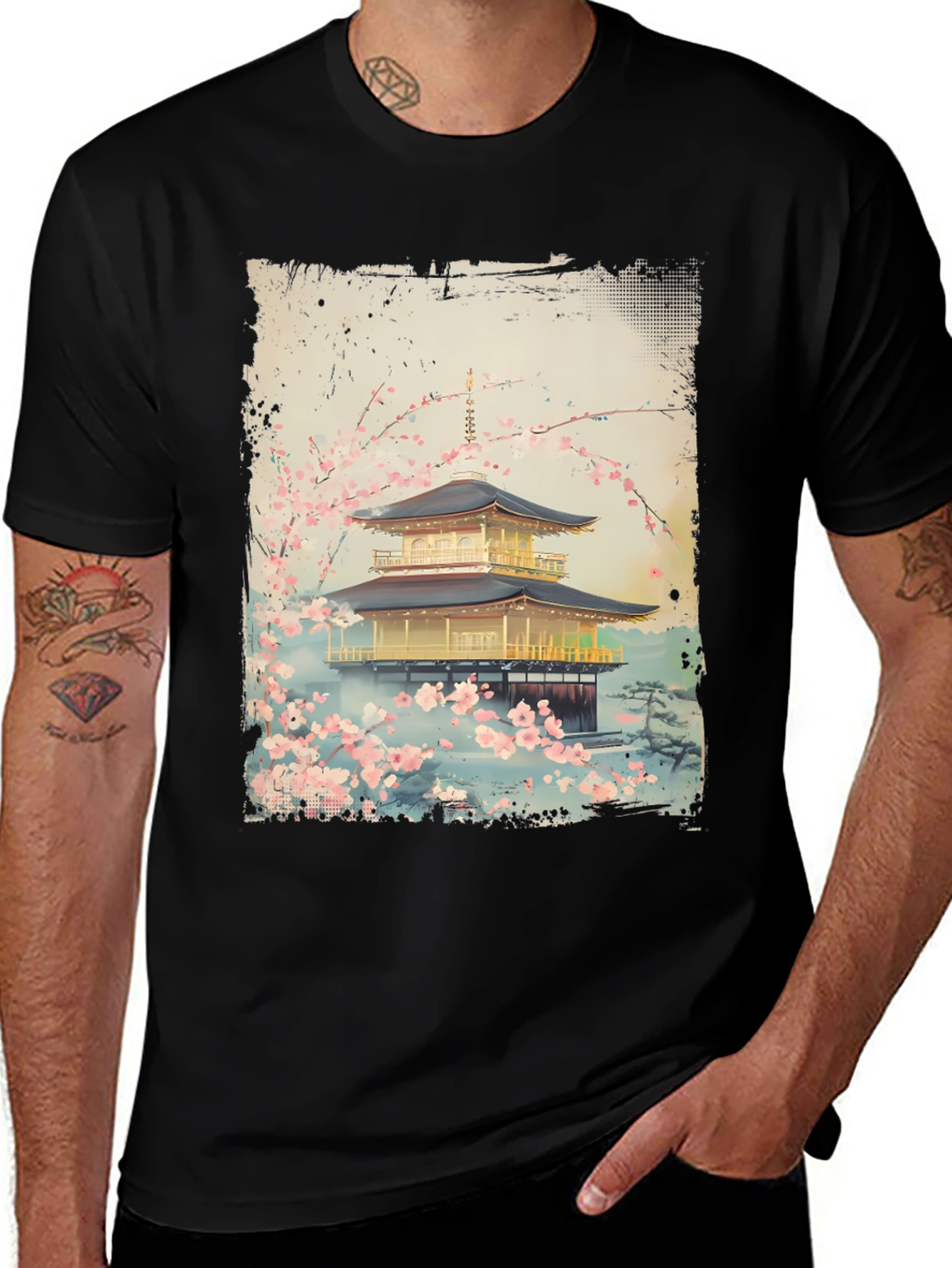 Variant 10 of Japanese Temple T-Shirt - Golden Pavilion Cherry Blossom Tee