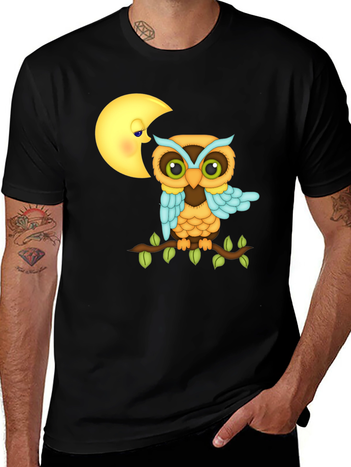 Variant 3 of Owl & Moon Graphic Tee - Cool Cartoon Style