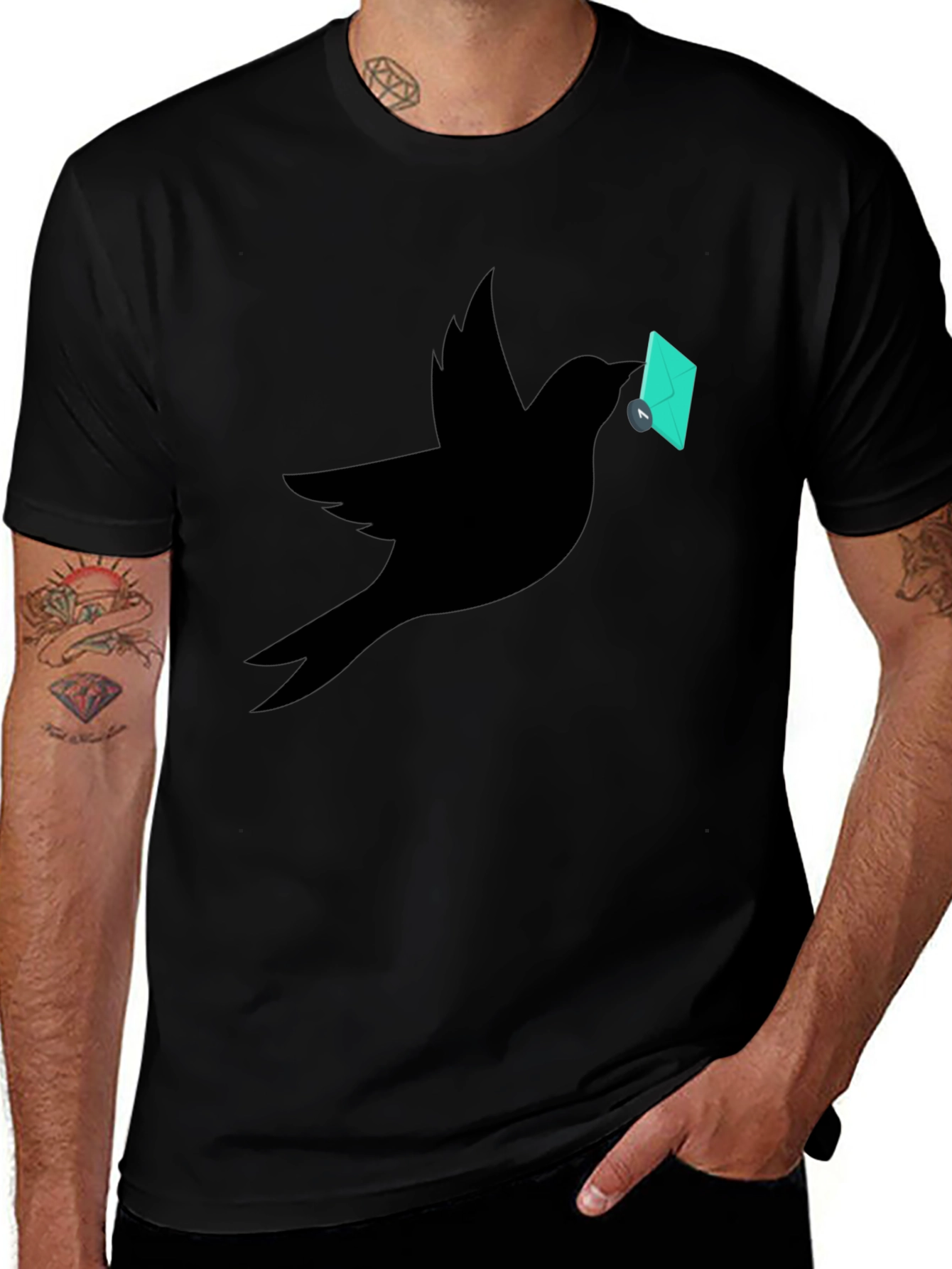 Bird with Envelope Graphic Tee - Black