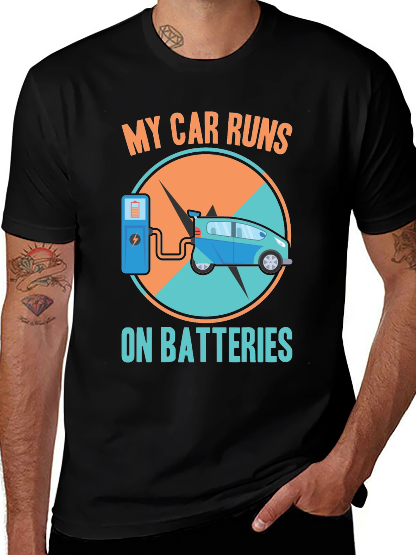 Variant 23 of Electric Car T-Shirt: "My Car Runs on Batteries" Design