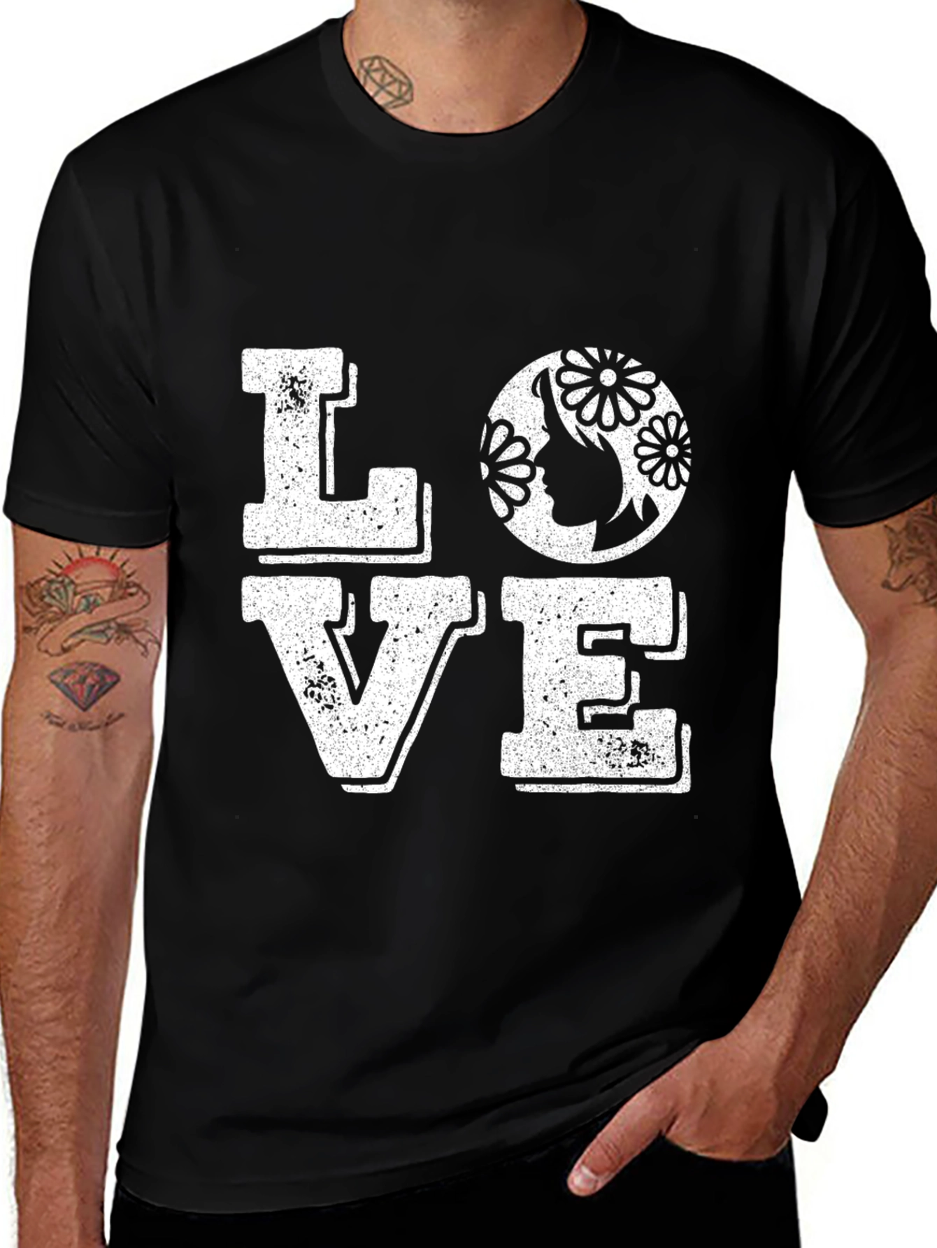 Variant 19 of LOVE T-Shirt Woman and Flowers Graphic Tee - Black Cotton