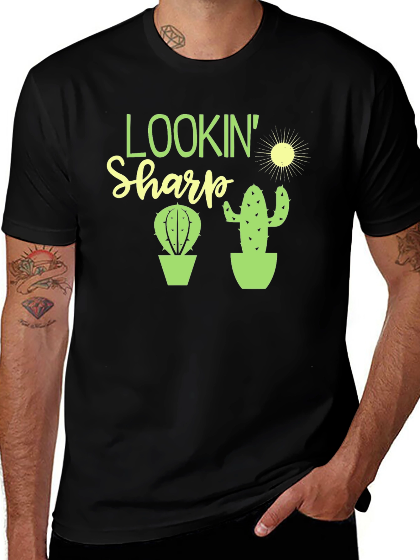 Variant 17 of Lookin' Sharp Cactus Graphic Tee - Black Cotton T-Shirt