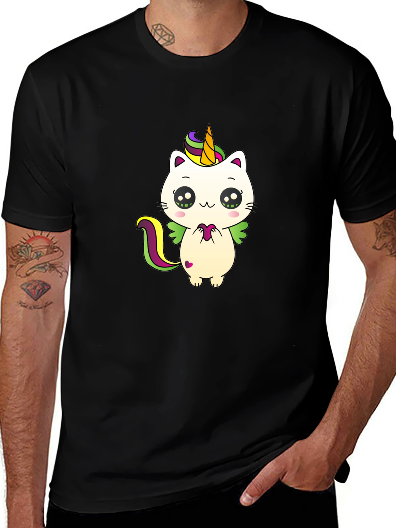 Variant 17 of Cute Unicorn Cat Graphic Tee - Black Cotton T-Shirt