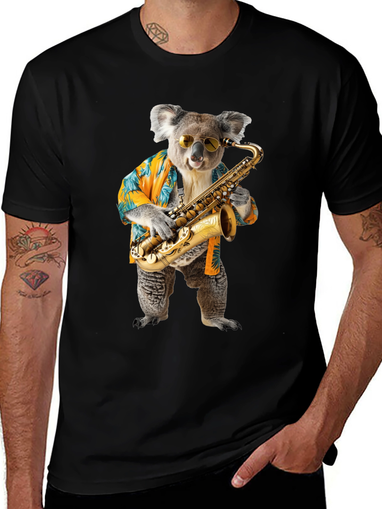 Variant 22 of Cool Koala Saxophonist Black T-Shirt