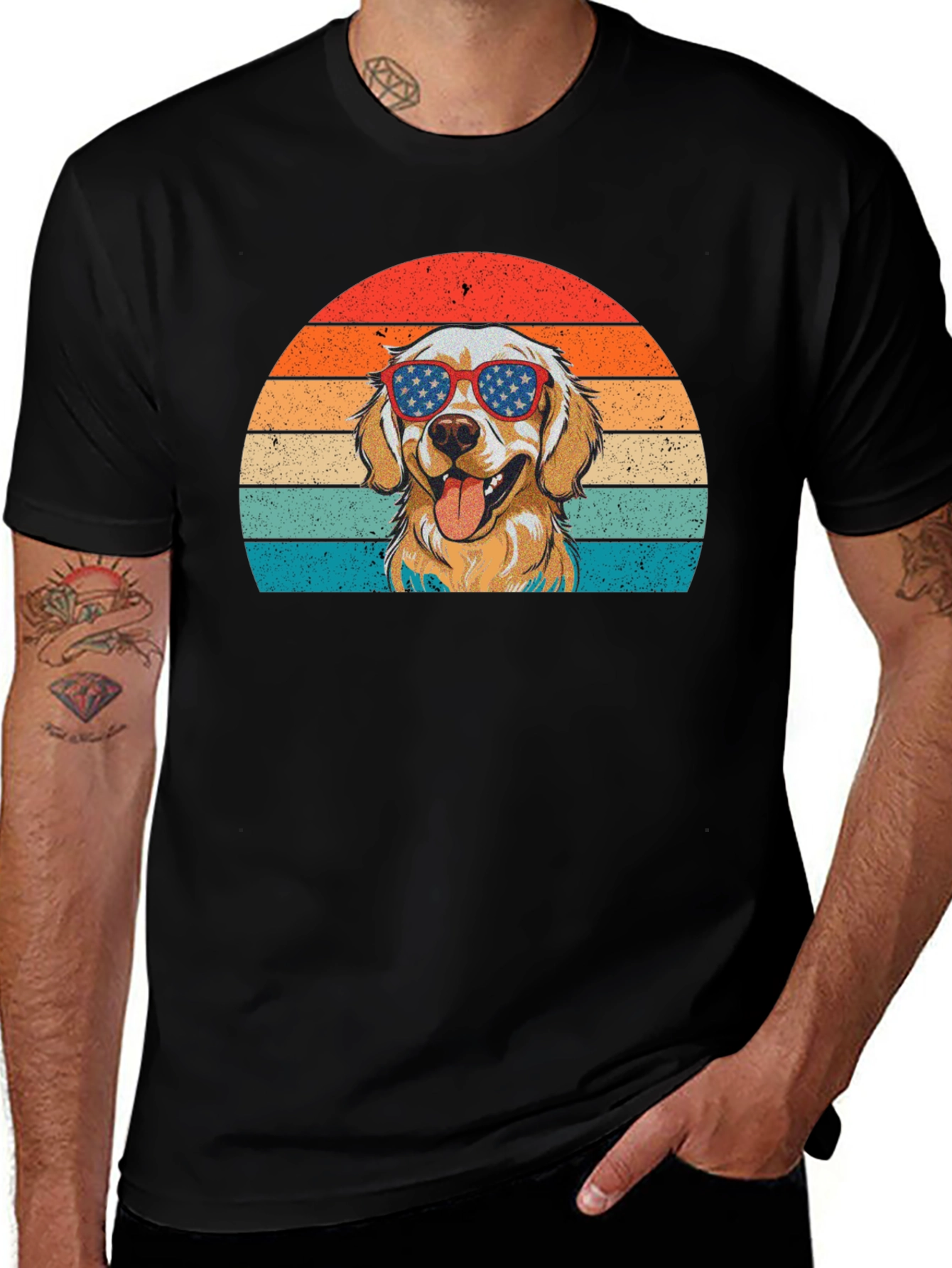 Variant 11 of Golden Retriever USA Flag Sunglasses Graphic T-Shirt