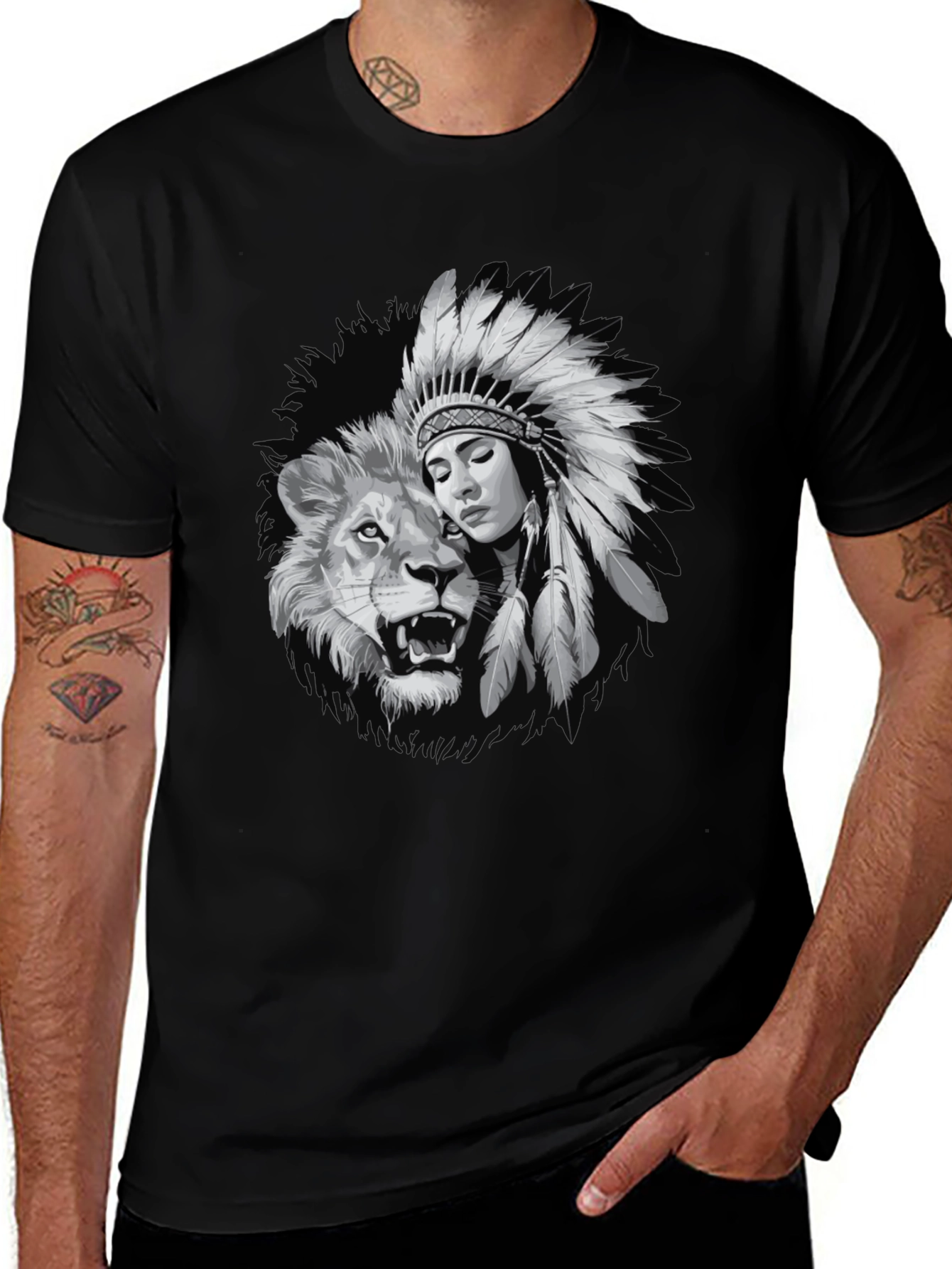 Variant 22 of Lion & Native Woman Graphic Tee - Black Cotton Shirt