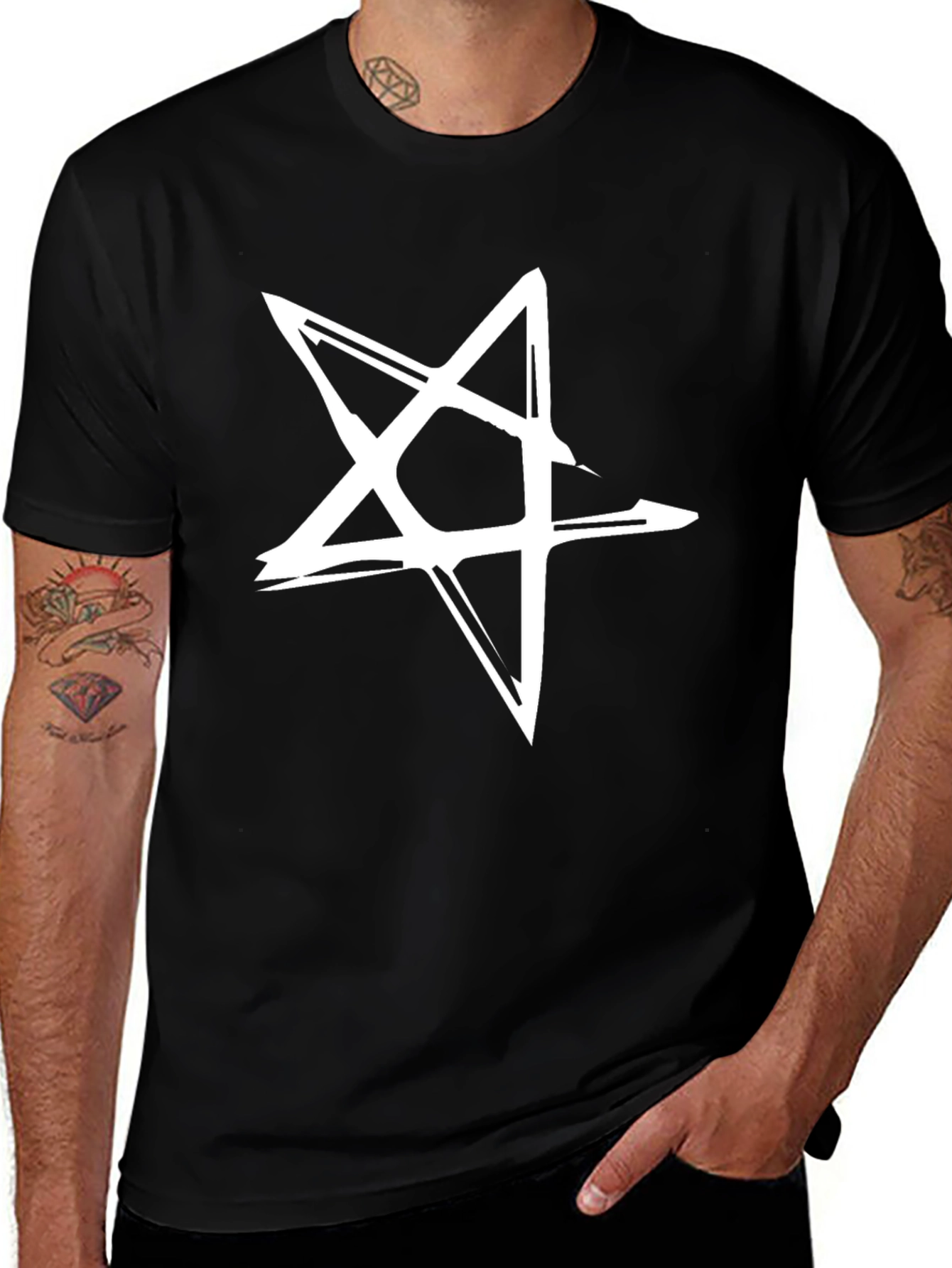 Variant 4 of Distressed Pentagram Graphic Tee - Black Cotton Blend