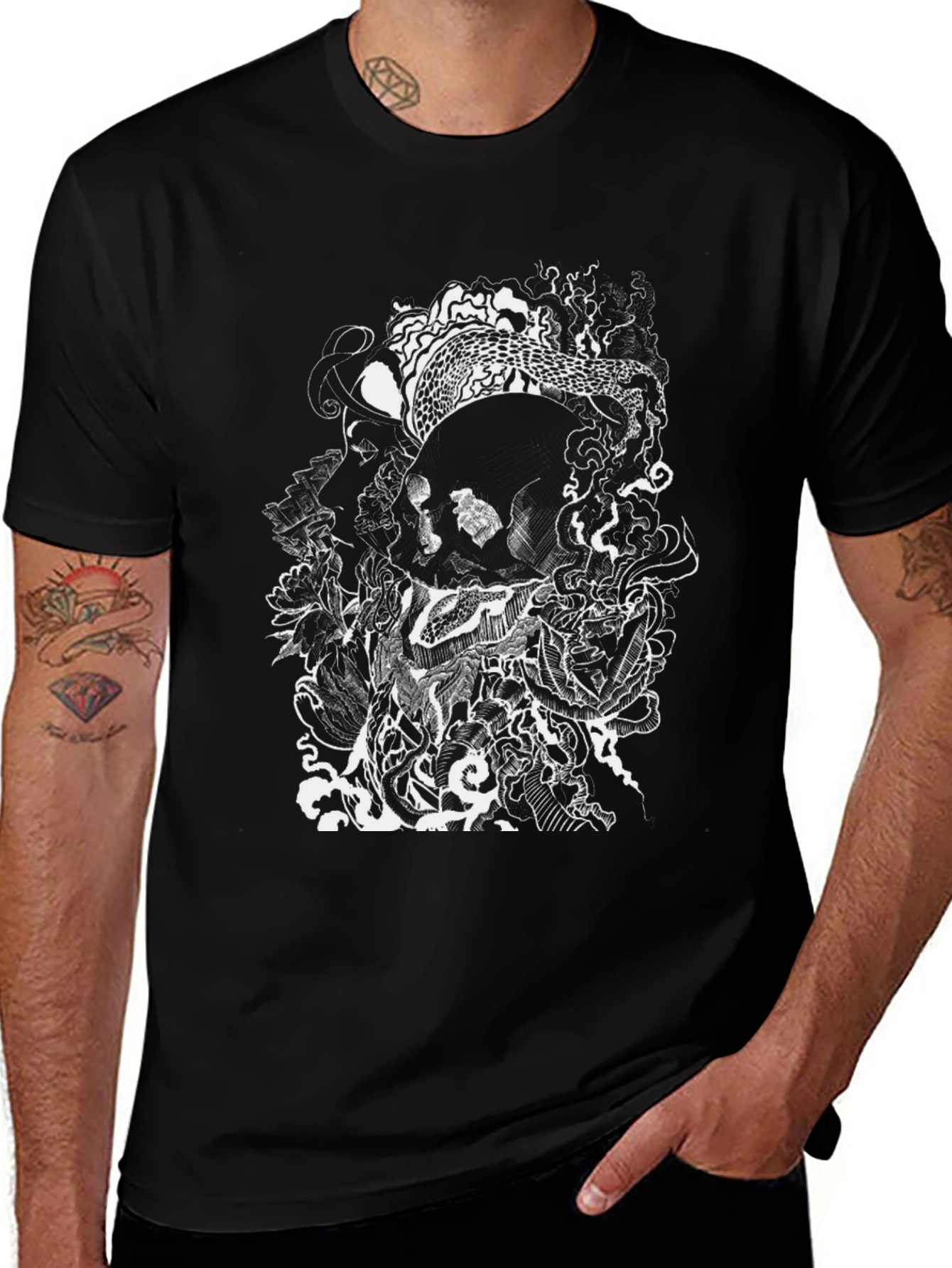 Variant 12 of Skull & Snake Graphic Tee - Unique Black Cotton T-Shirt