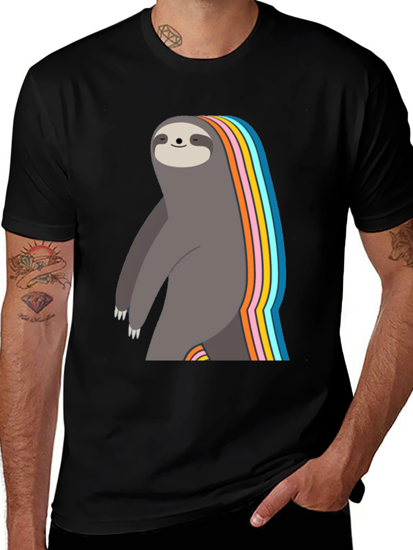 Variant 5 of Rainbow Sloth Graphic T-Shirt - Men's Black Tee