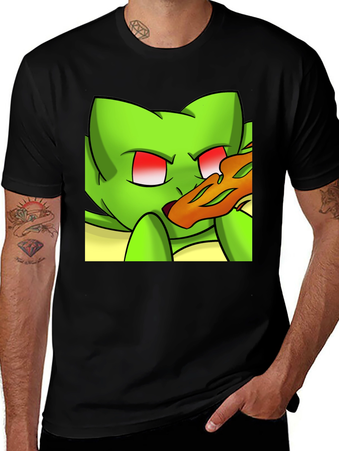Variant 9 of Cartoon Green Cat Pizza Graphic Black Tee