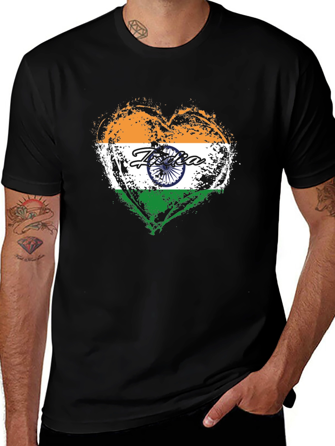 India Flag Heart T-Shirt - Black Cotton Tee