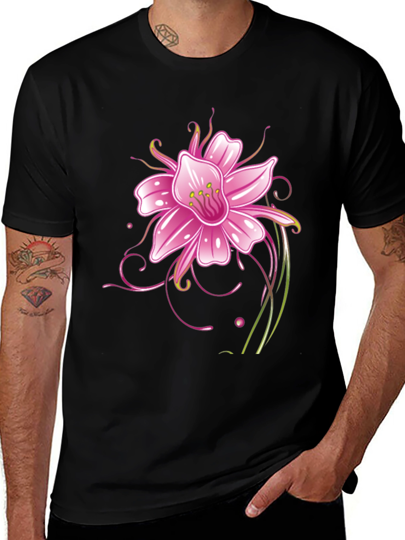 Black T-Shirt with Pink Flower Graphic Design