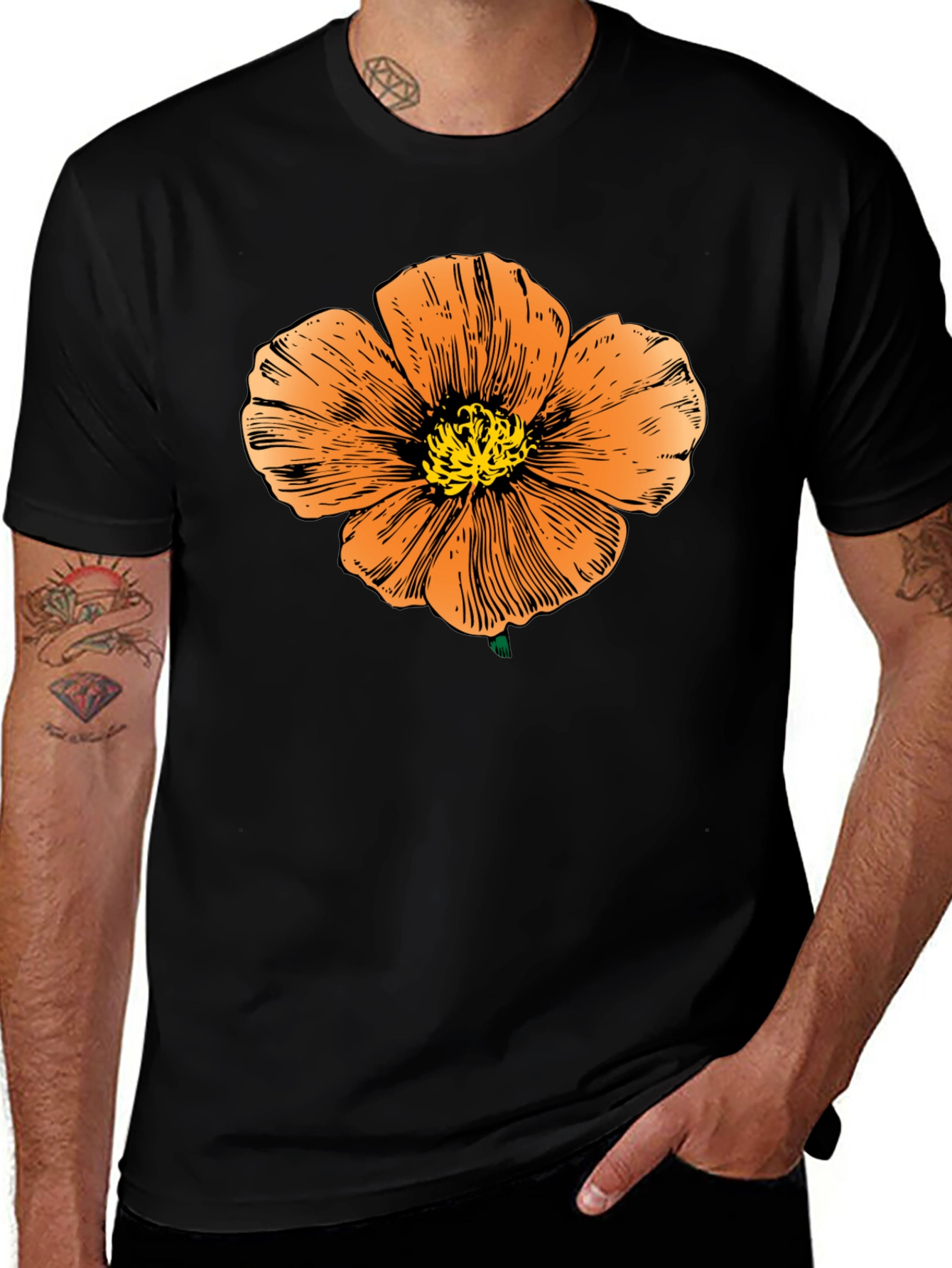 Variant 12 of Black T-Shirt with Orange Flower Graphic