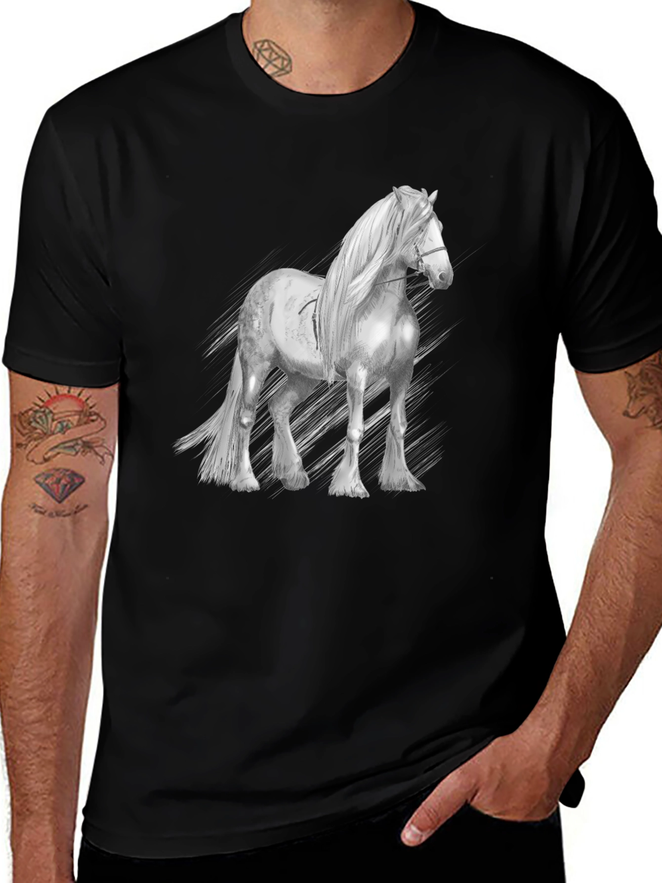 Black T-Shirt with White Horse Graphic