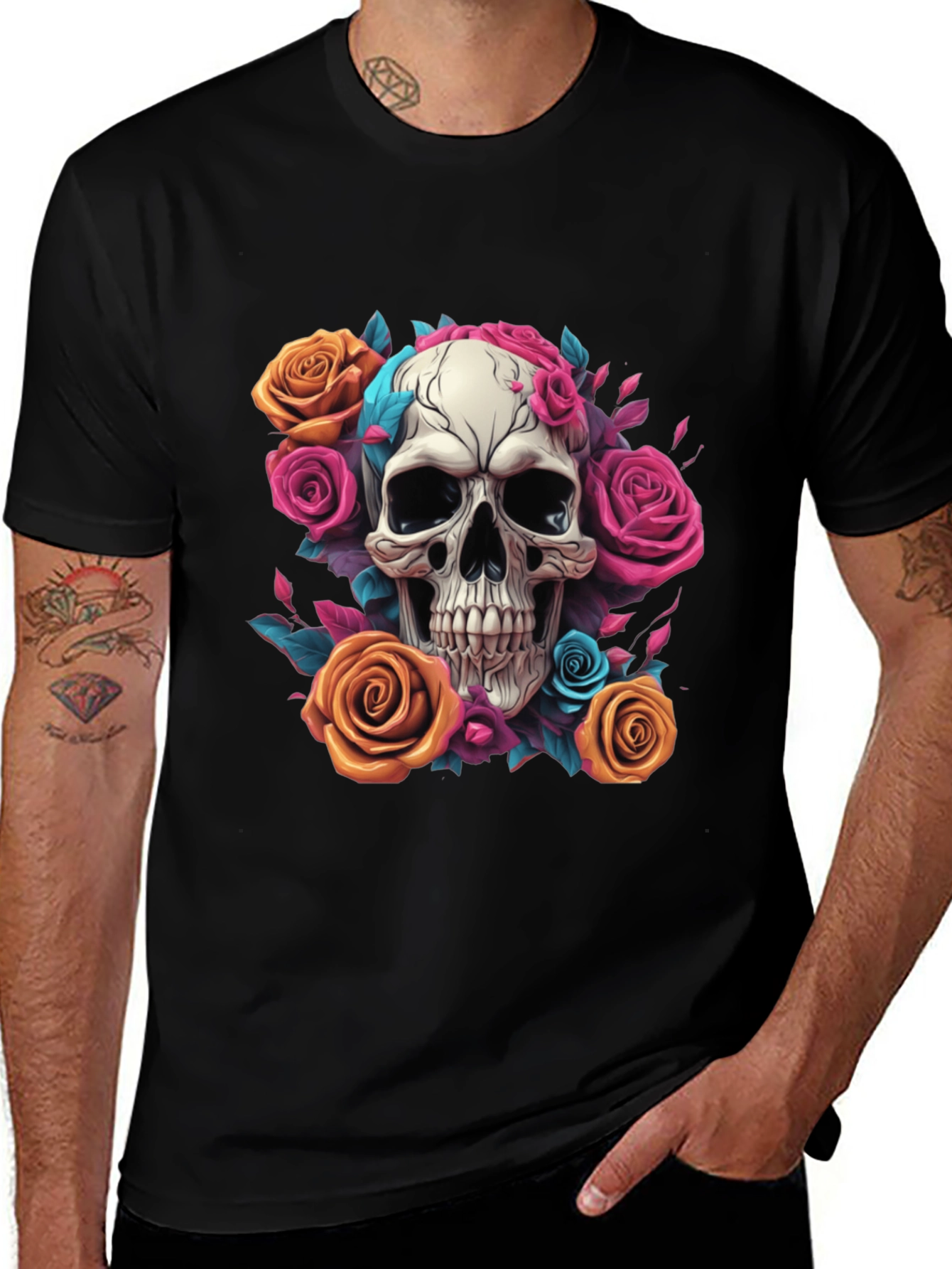 Variant 23 of Skull & Roses Graphic Tee - Black Cotton Shirt