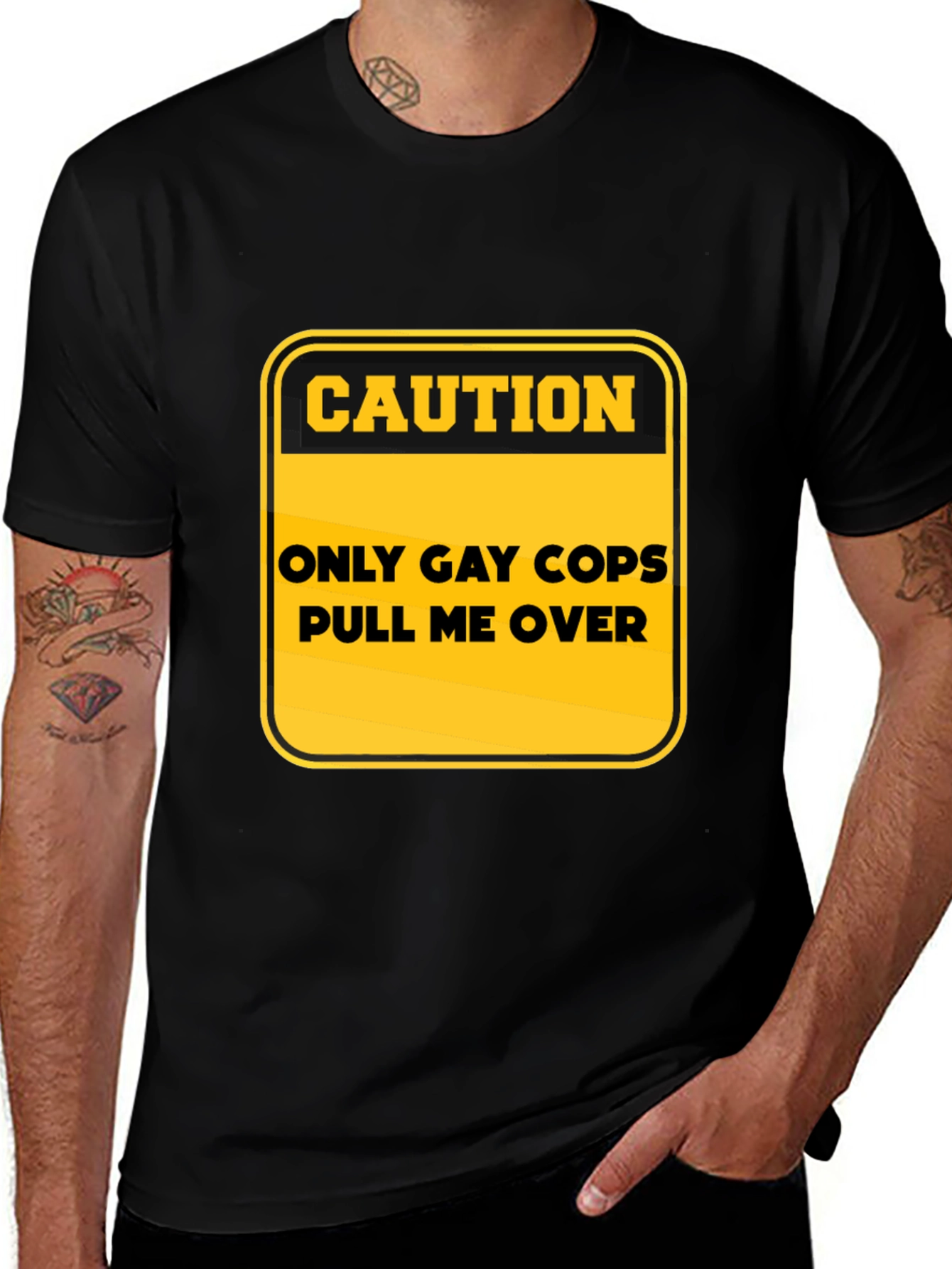 Variant 2 of Caution: Only Gay Cops T-Shirt - Black Cotton Tee