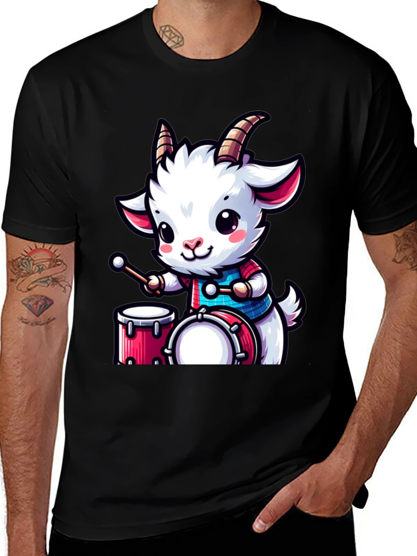 Cute Goat Drummer Black T-Shirt
