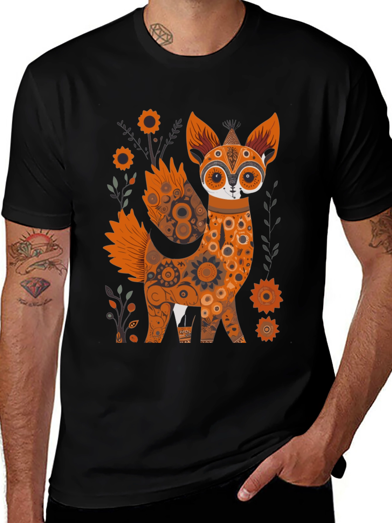Variant 24 of Floral Fox Graphic Black T-Shirt - Unique Design