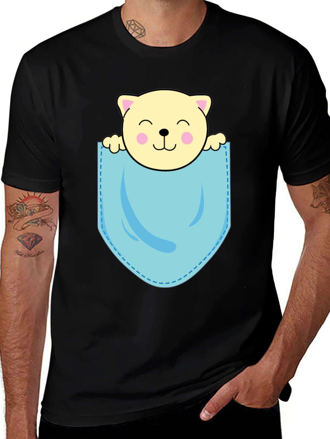 Variant 25 of Cute Cat in Pocket Black T-Shirt