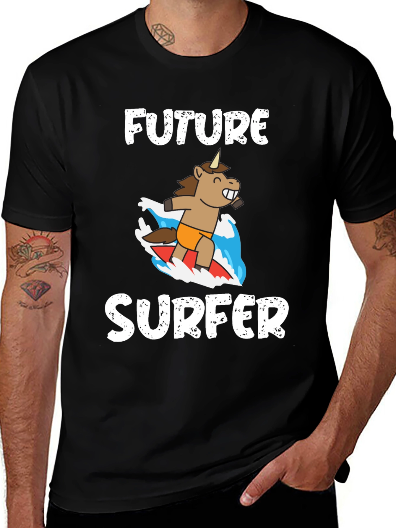 Variant 8 of Future Surfer Unicorn Graphic Tee - Black Cotton T-Shirt