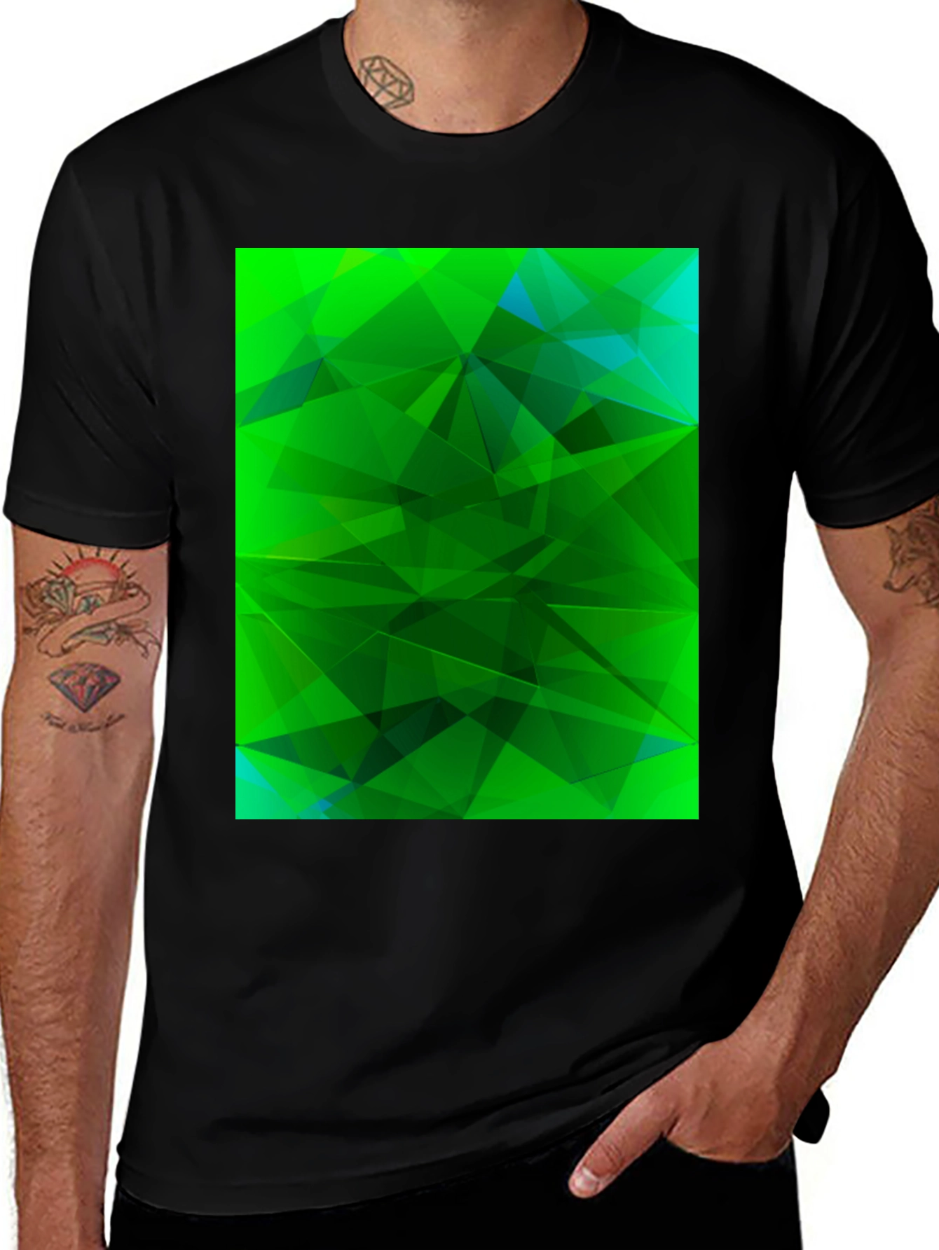 Black Abstract Geometric Green T-Shirt main image