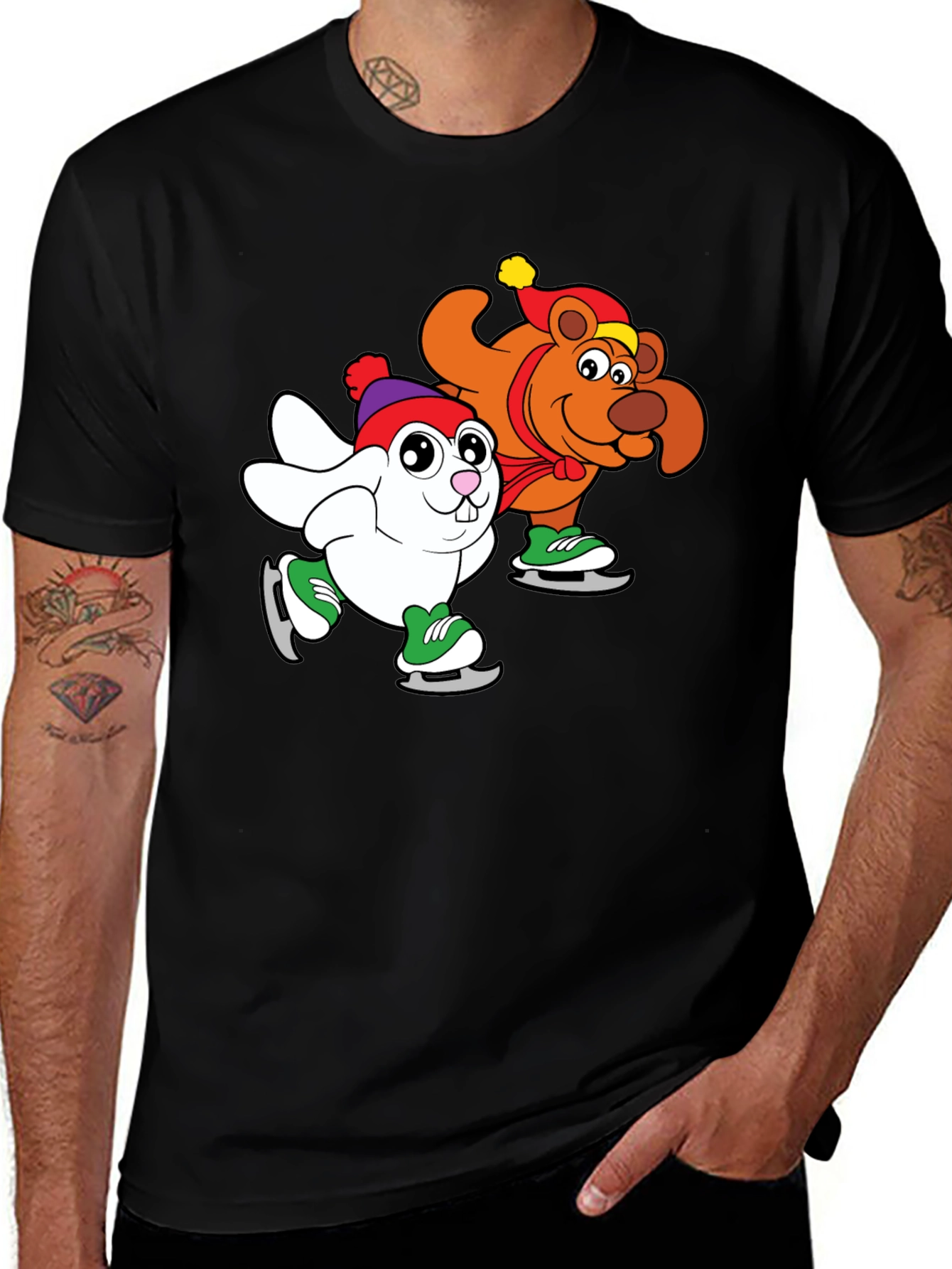 Variant 11 of Cartoon Ice Skating Animals Black T-Shirt