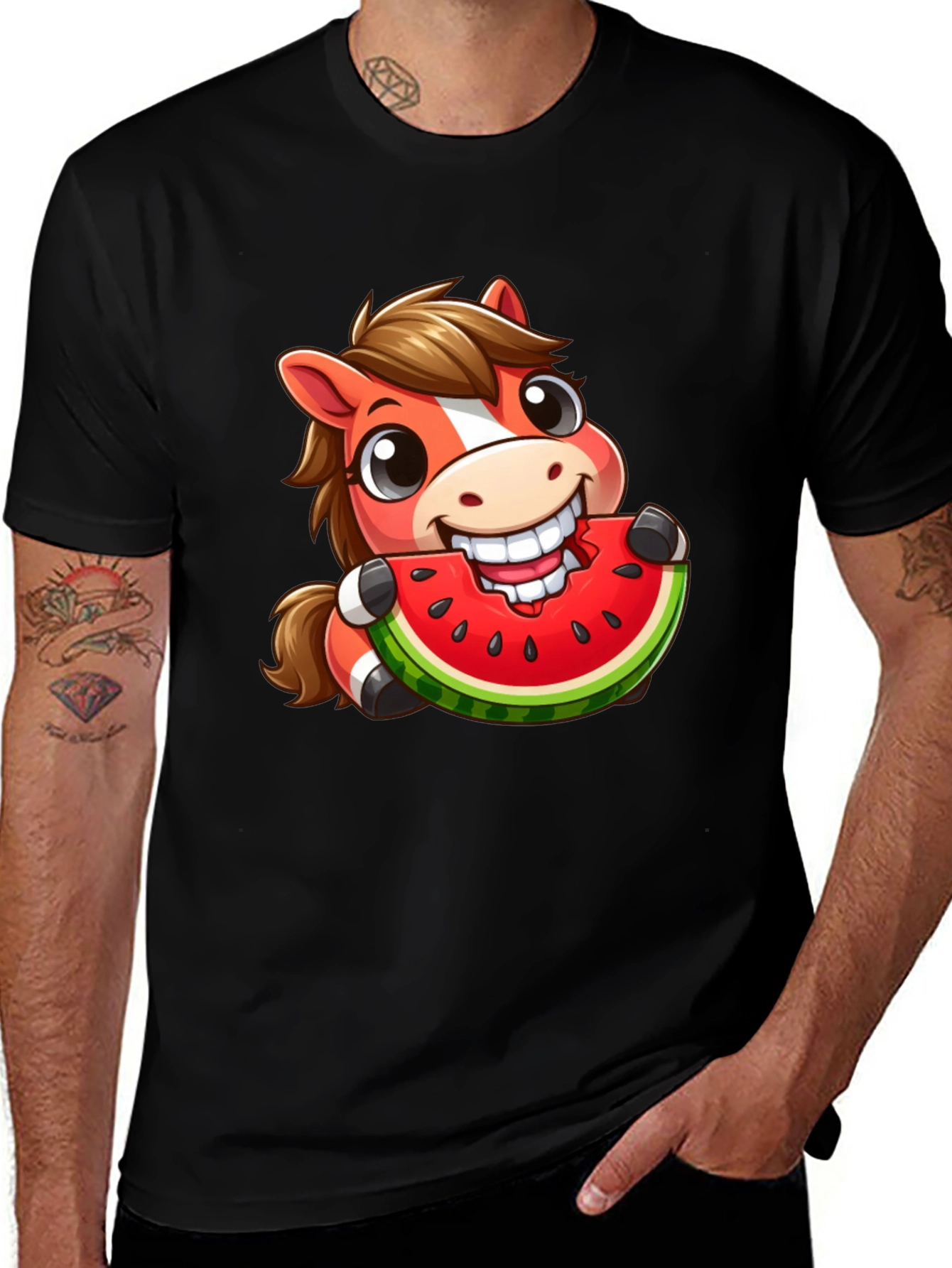 Variant 24 of Cartoon Horse Eating Watermelon Graphic Tee