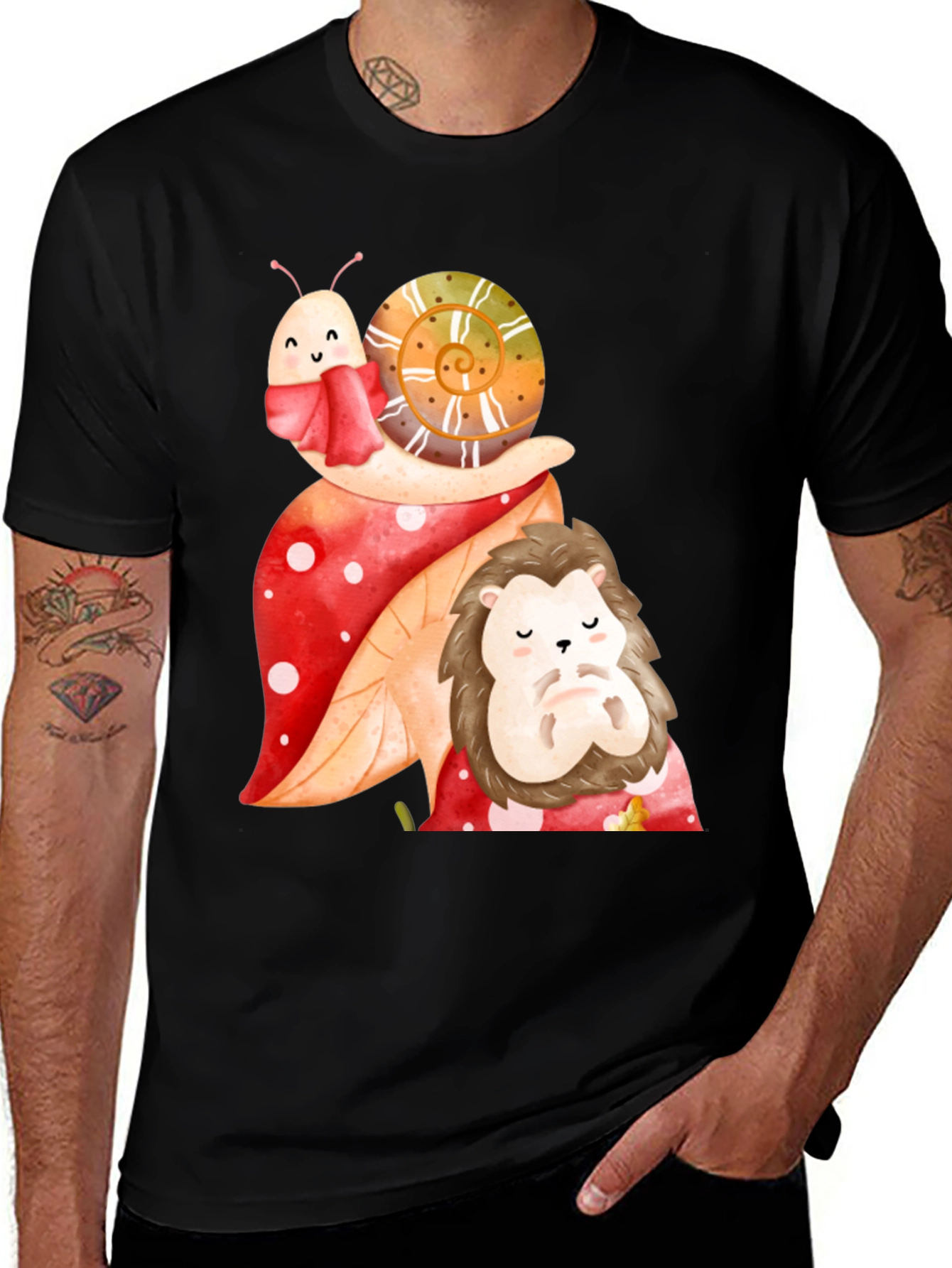 Variant 22 of Cute Snail & Hedgehog Graphic Tee - Black