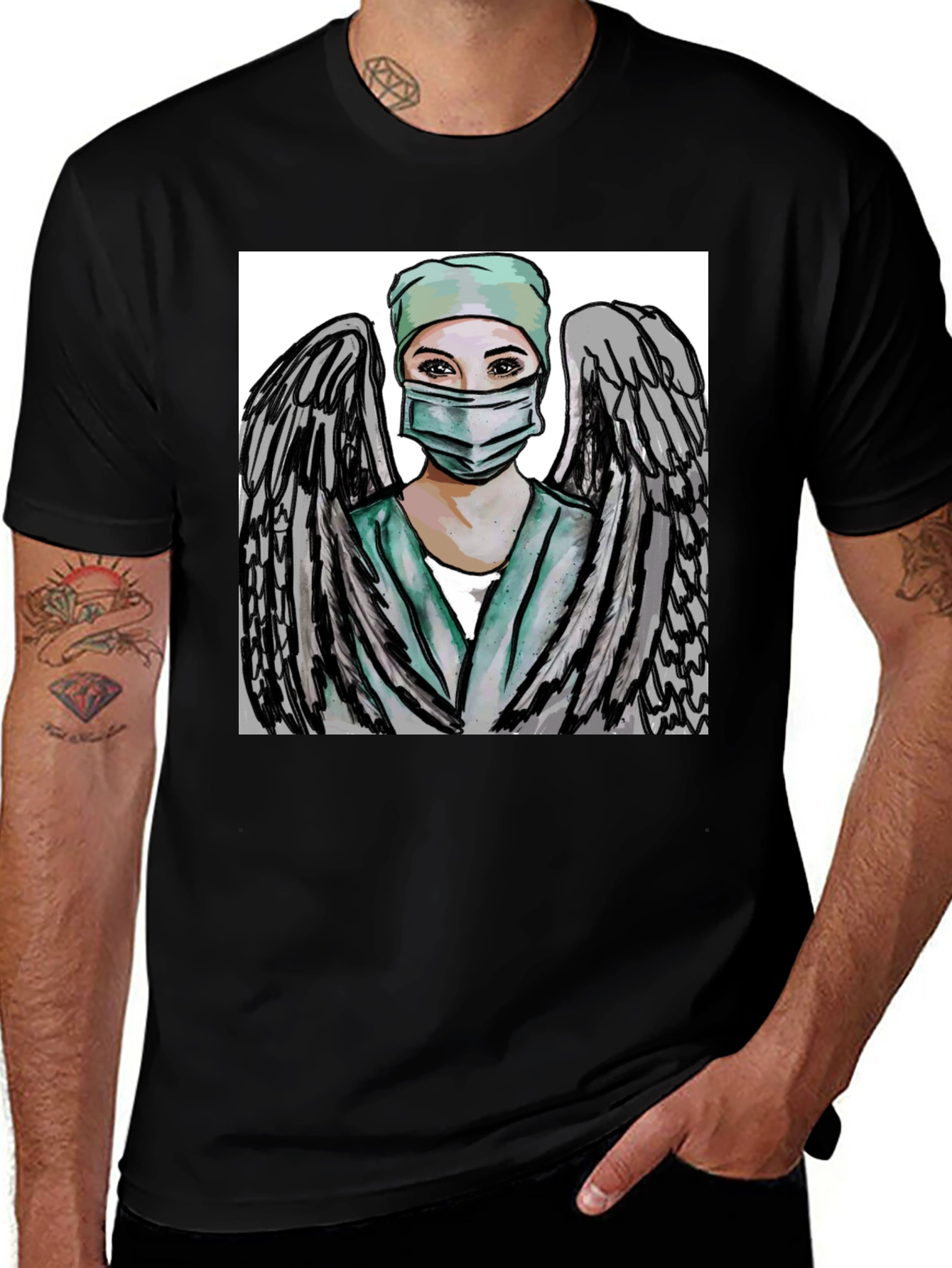 Angel Nurse Graphic Tee - Black