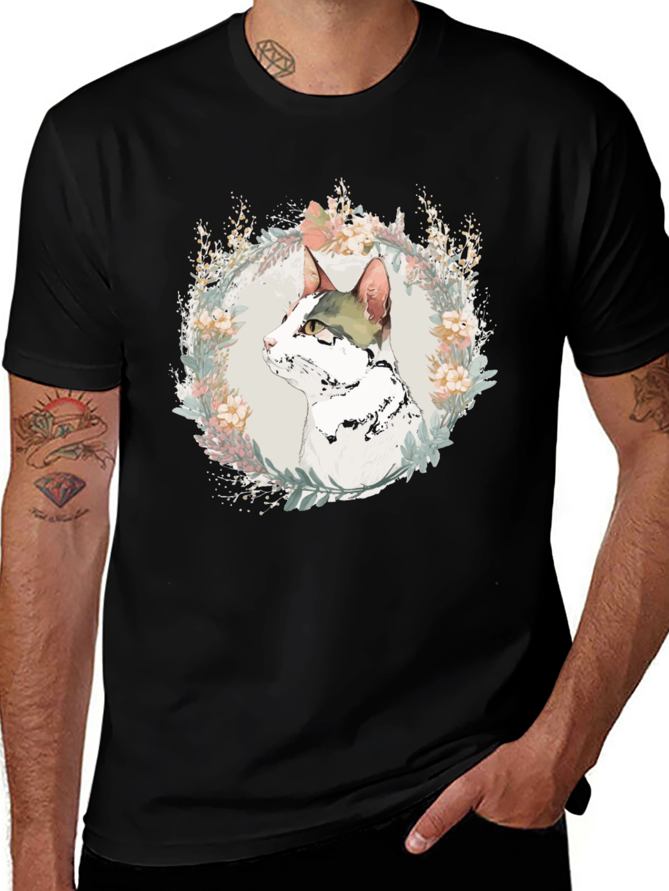 Variant 19 of Floral Cat Graphic Tee - Unisex Crew Neck